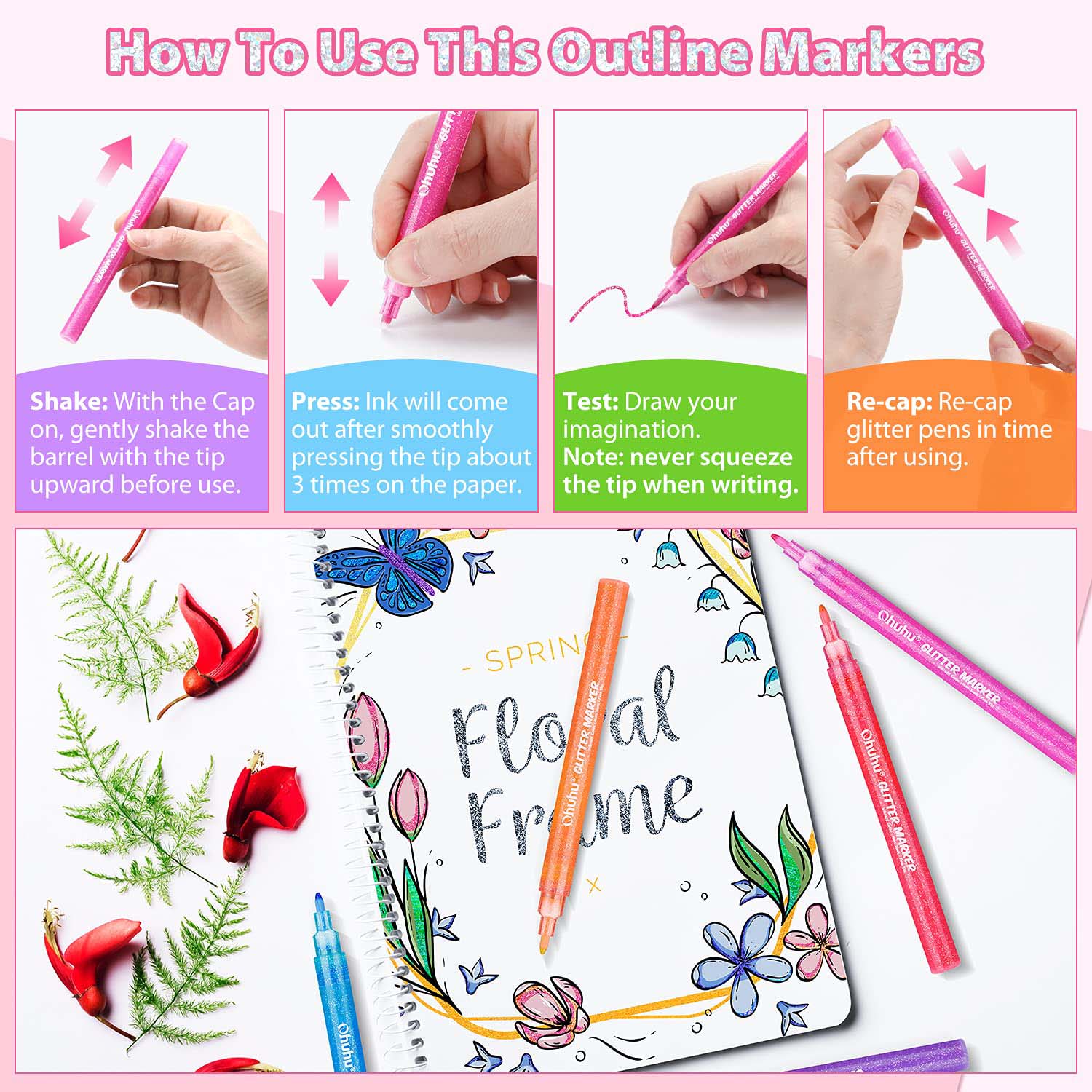 Ohuhu Water-Based Glitter Metallic Marker Pens. 12 Shimmer Colors - Image 3