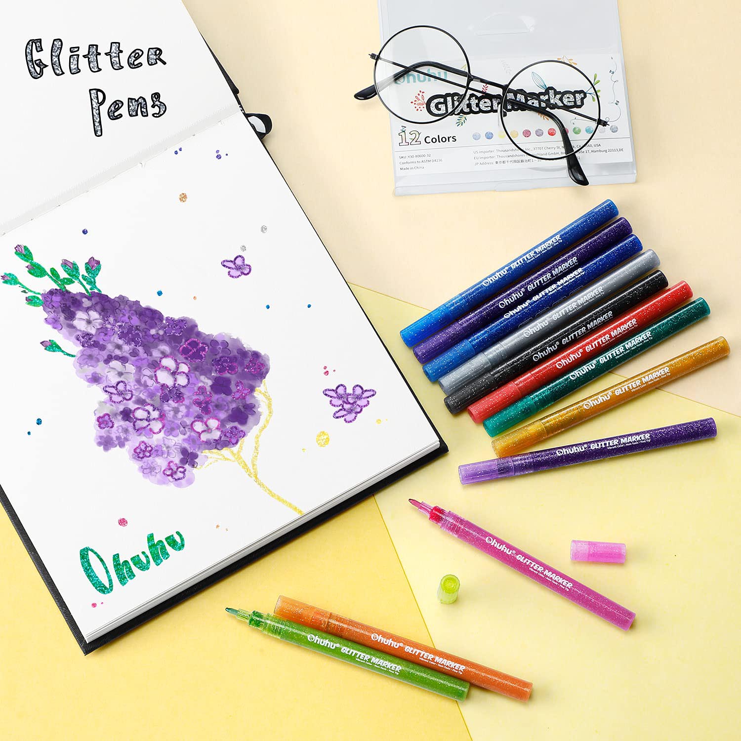 Ohuhu Water-Based Glitter Metallic Marker Pens. 12 Shimmer Colors - Image 6