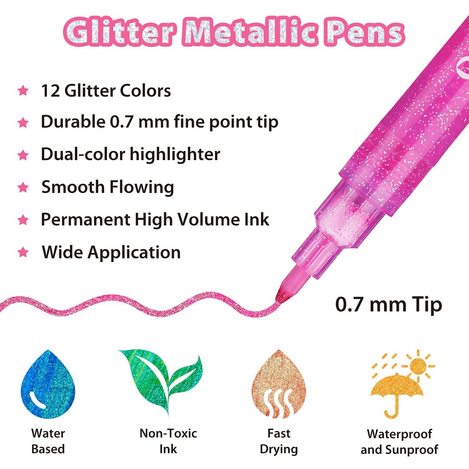 Ohuhu Water-Based Glitter Metallic Marker Pens. 12 Shimmer Colors - Image 4