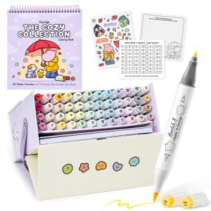 Ohuhu x Coco Wyo Cozy Mood Coloring Kit. Honolulu B 48 Colors Alcohol Markers with Brush & Fine Dual Tips. Coloring Book with Mood Tracker Pages