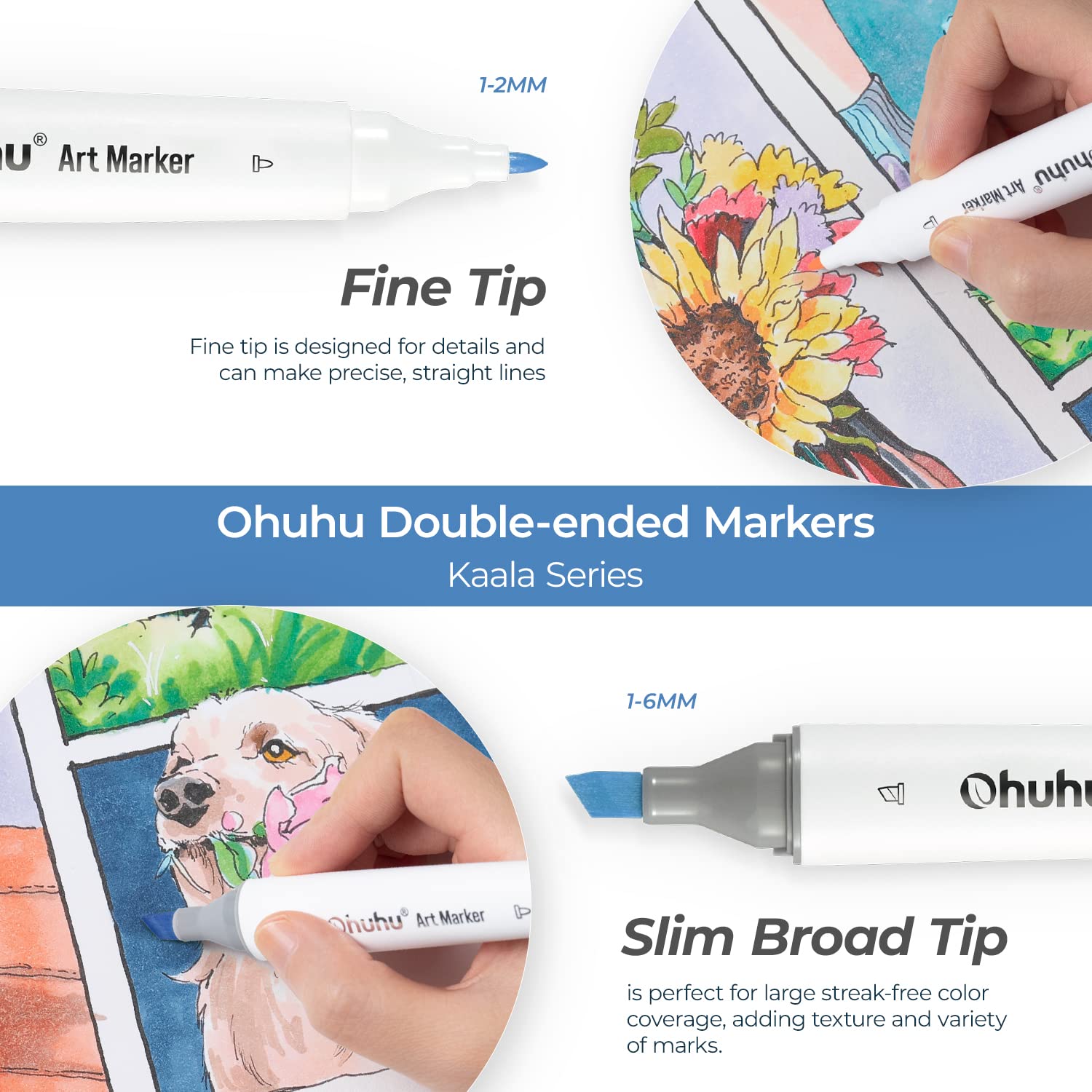 Ohuhu Kaala Slim Broad and Fine Dual Tips Alcohol Art Markers - 24 Basic Colors - Image 4