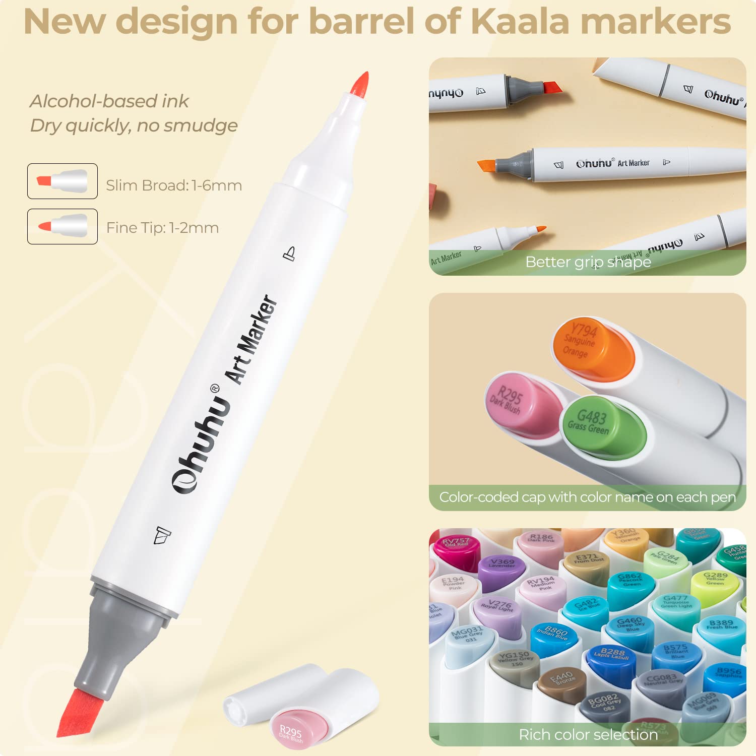 Ohuhu Kaala Slim Broad and Fine Dual Tips Alcohol Art Markers - 24 Basic Colors - Image 6