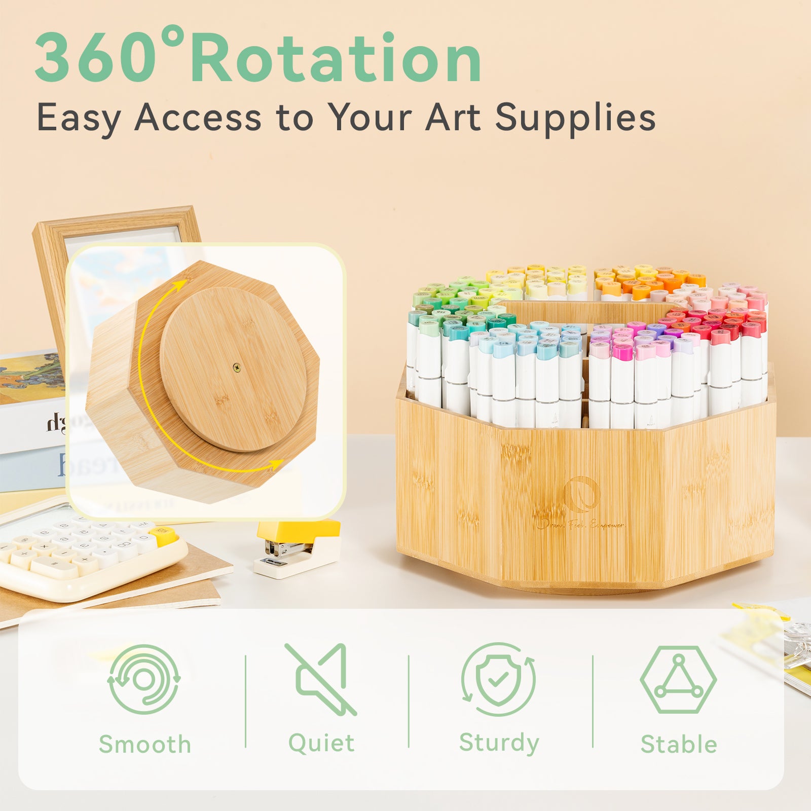 Ohuhu 360° Bamboo Rotating Marker Organizer - Image 3