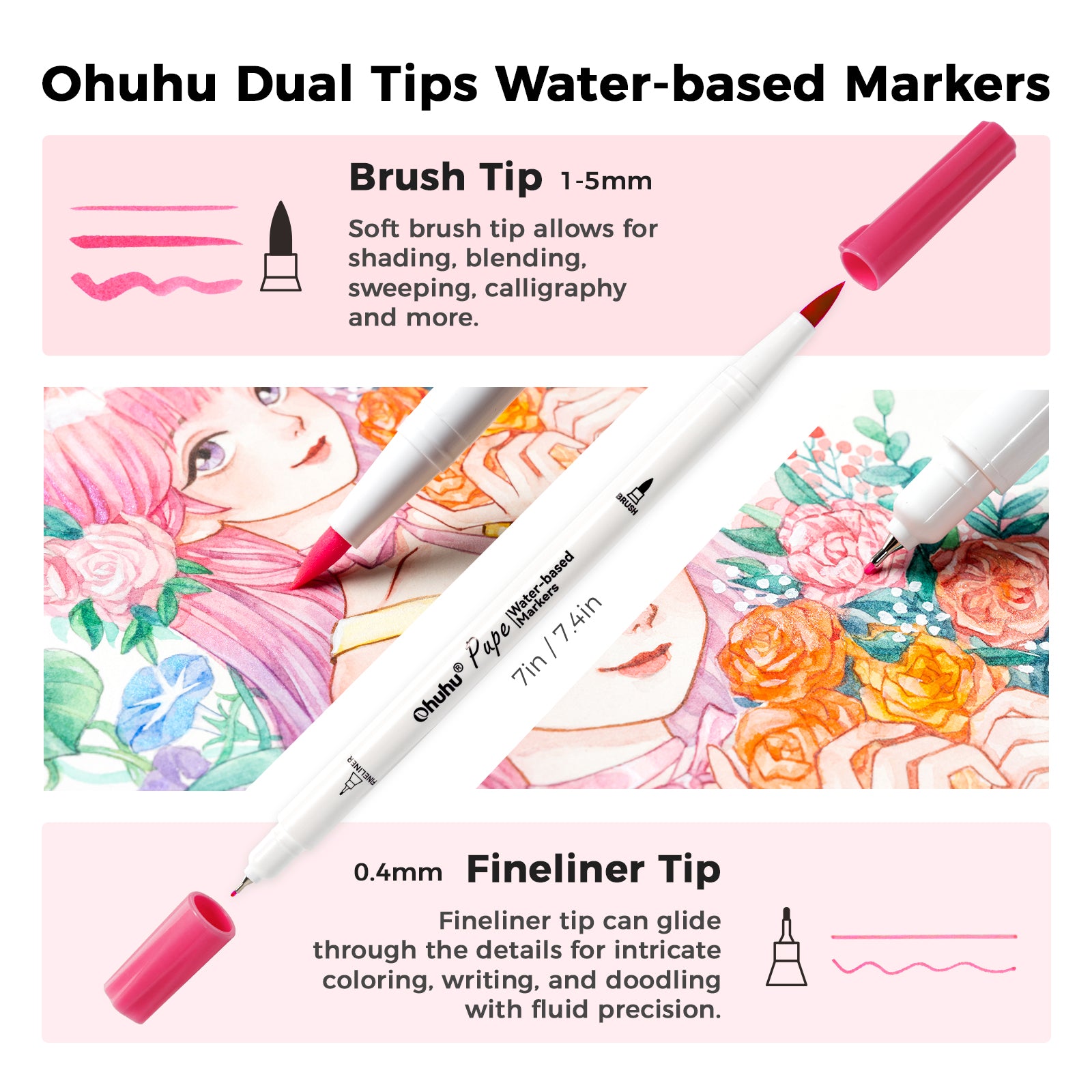 Ohuhu Pupe Paper-friendly (No Peeling) Brush and Fineliner Dual Tips 120 Colors Water-based Coloring Markers - Image 3
