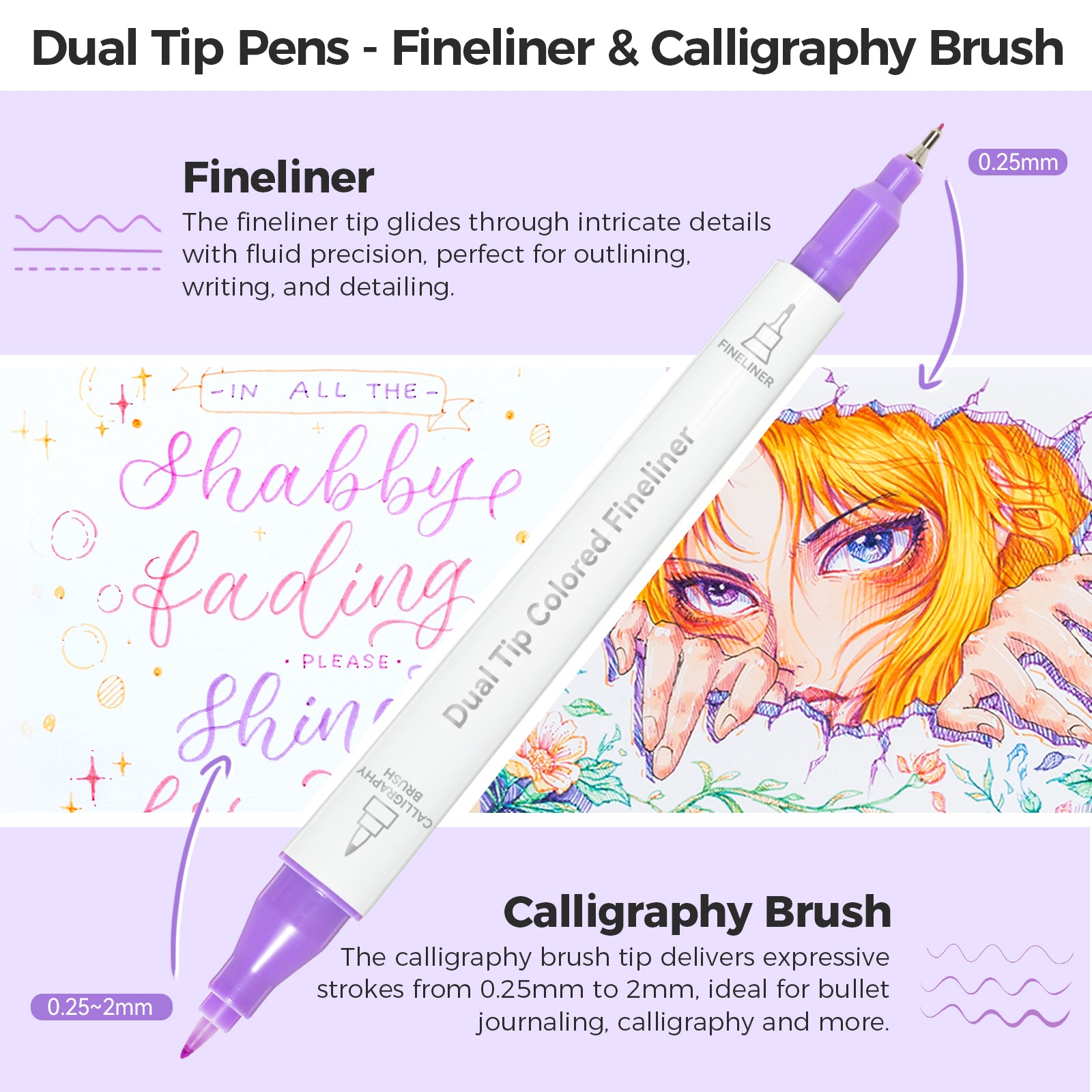 Ohuhu Colored Fineliner & Brush Pens. 12 Colors - Image 3