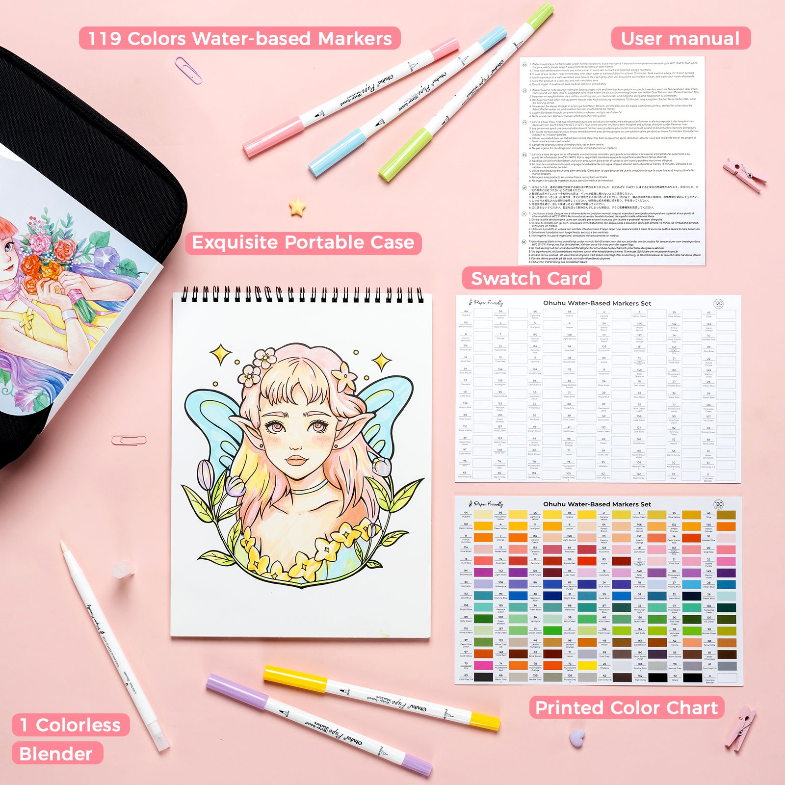 Ohuhu Pupe Paper-friendly (No Peeling) Brush and Fineliner Dual Tips 120 Colors Water-based Coloring Markers - Image 6