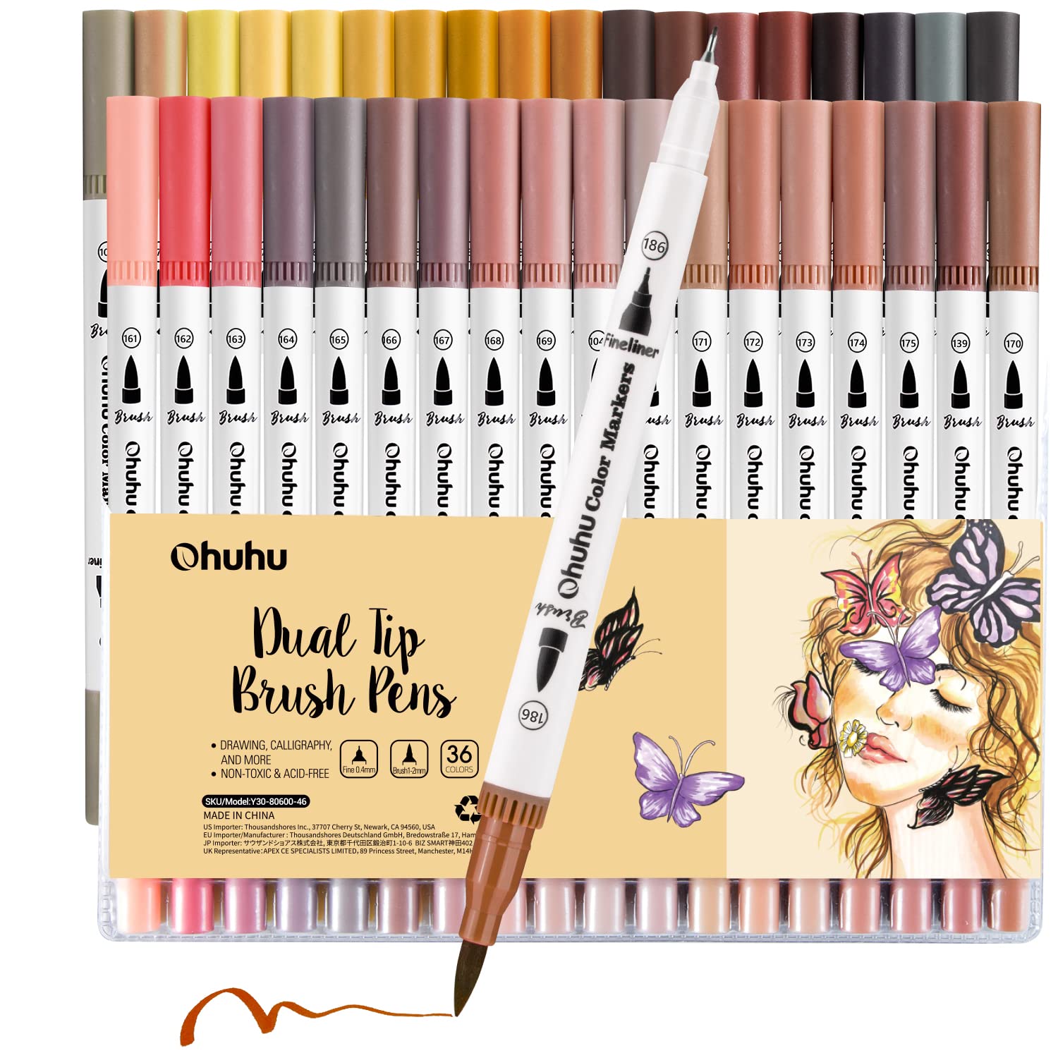 Ohuhu Maui 36 Skin Tone Colors Dual Tips Water Based Art Markers. Brush & Fineliner