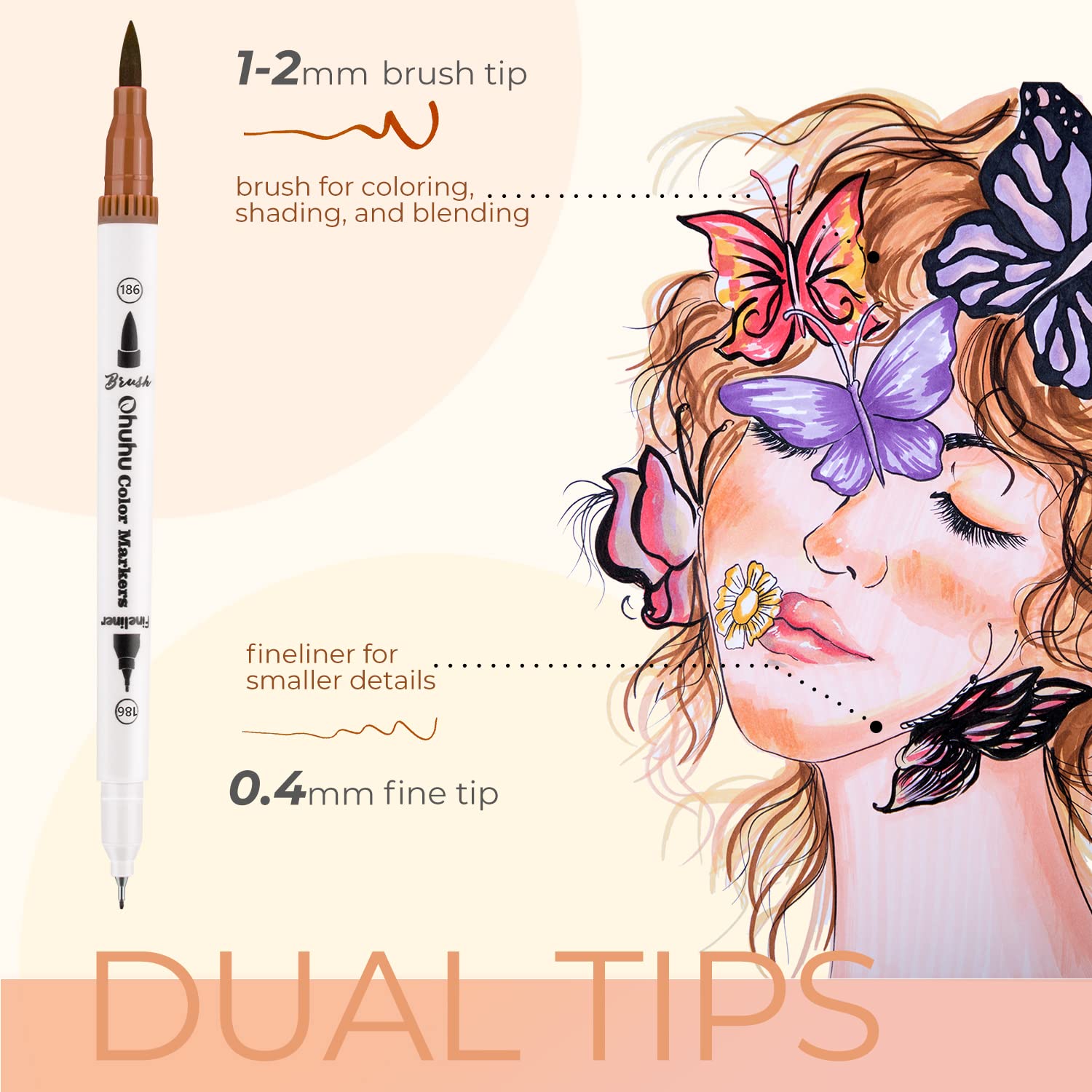 Ohuhu Maui 36 Skin Tone Colors Dual Tips Water Based Art Markers. Brush & Fineliner (US Exclusive) - Image 2