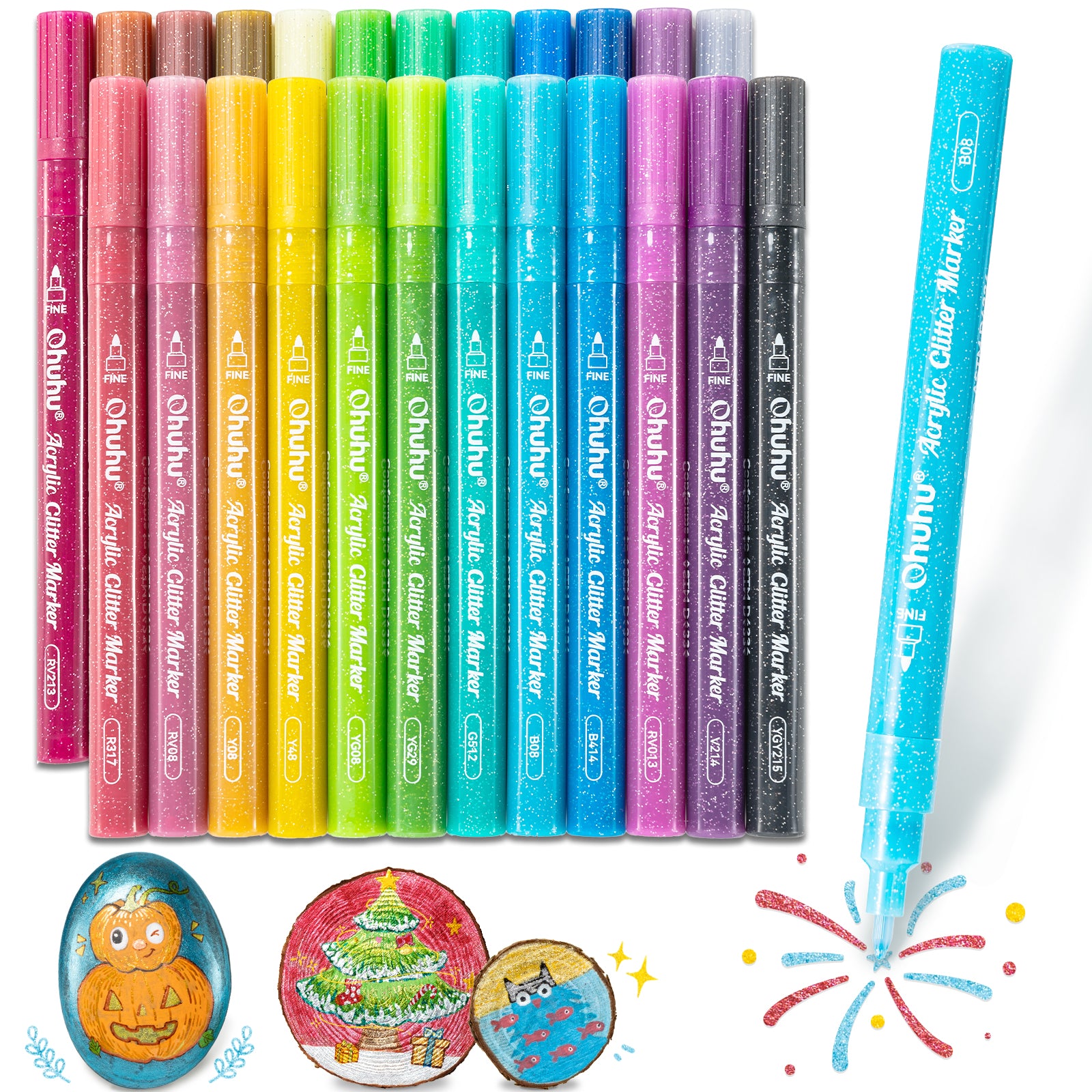 Ohuhu Acrylic Metallic Glitter Markers. 24 Colors - 0.7mm & 3mm Tip Paint Pens - Image 8