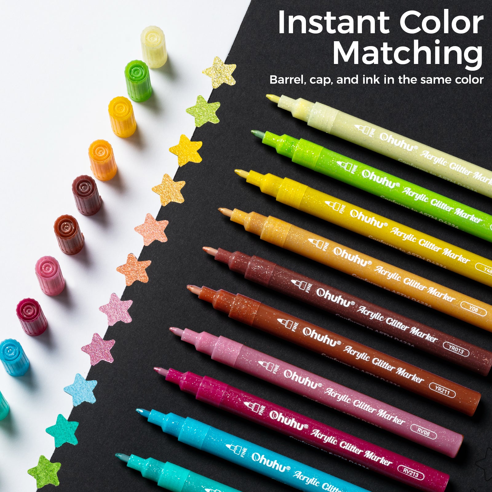 Ohuhu Acrylic Metallic Glitter Markers. 24 Colors - 0.7mm & 3mm Tip Paint Pens - Image 10