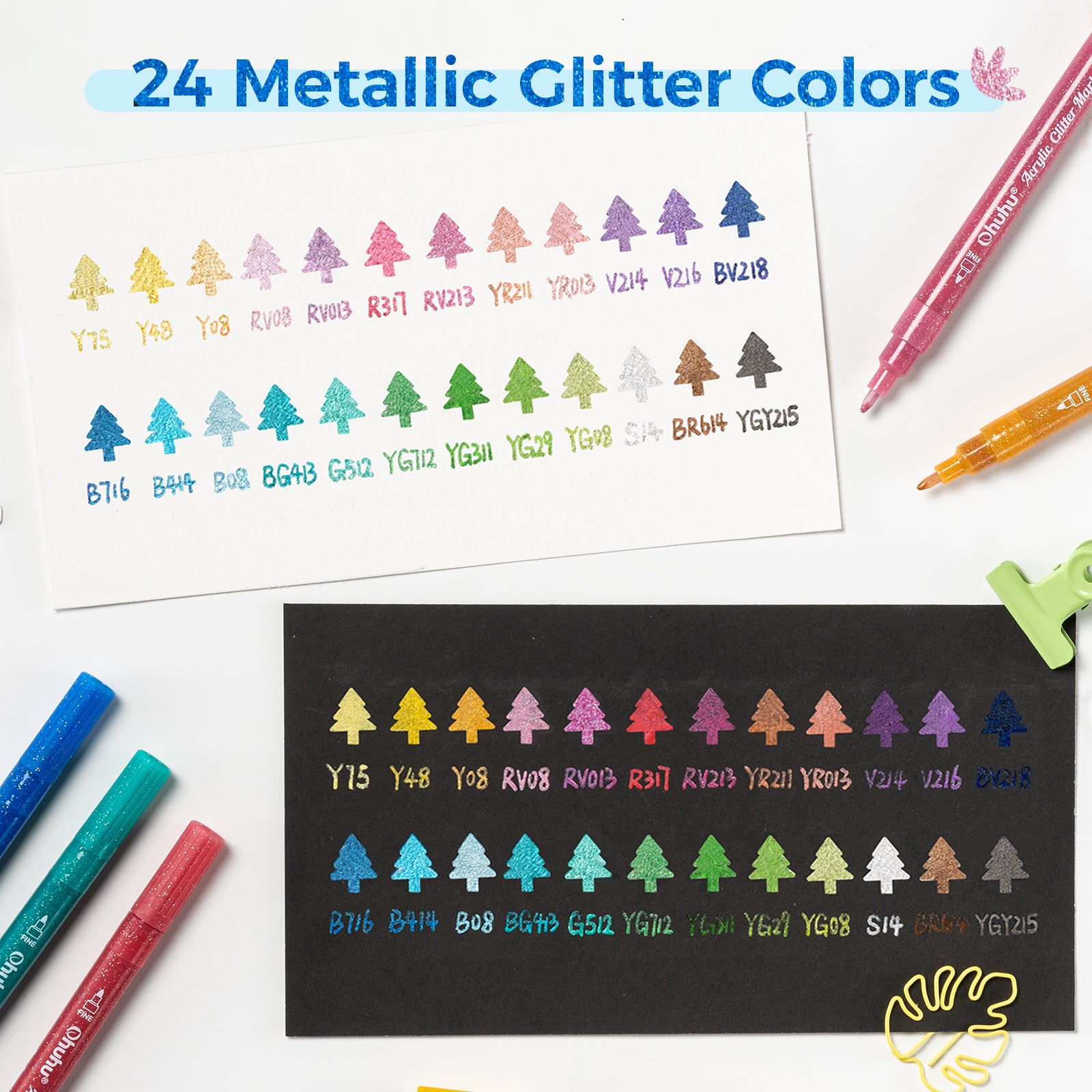 Ohuhu Acrylic Metallic Glitter Markers. 24 Colors - 0.7mm & 3mm Tip Paint Pens - Image 11