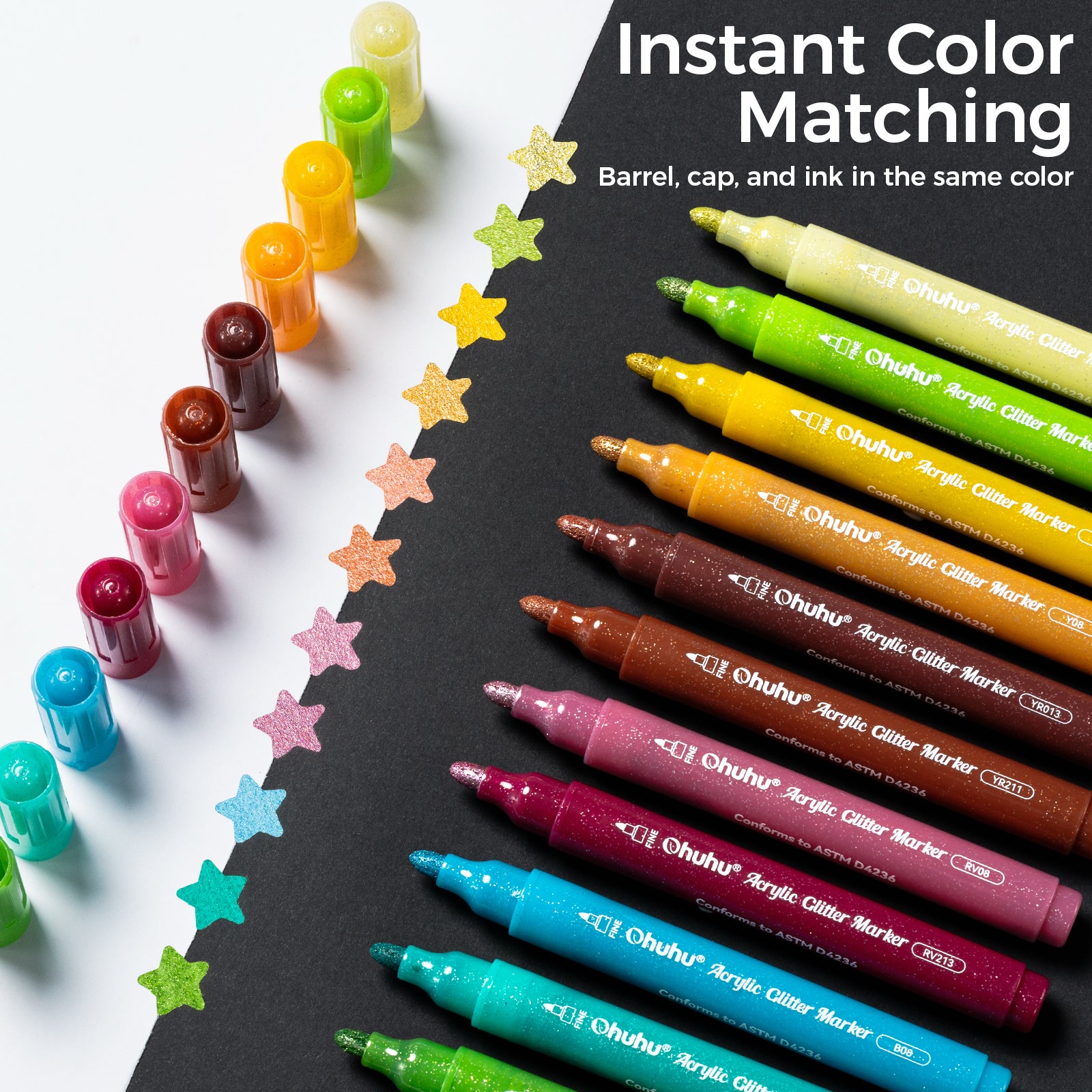 Ohuhu Acrylic Metallic Glitter Markers. 24 Colors - 0.7mm & 3mm Tip Paint Pens - Image 2