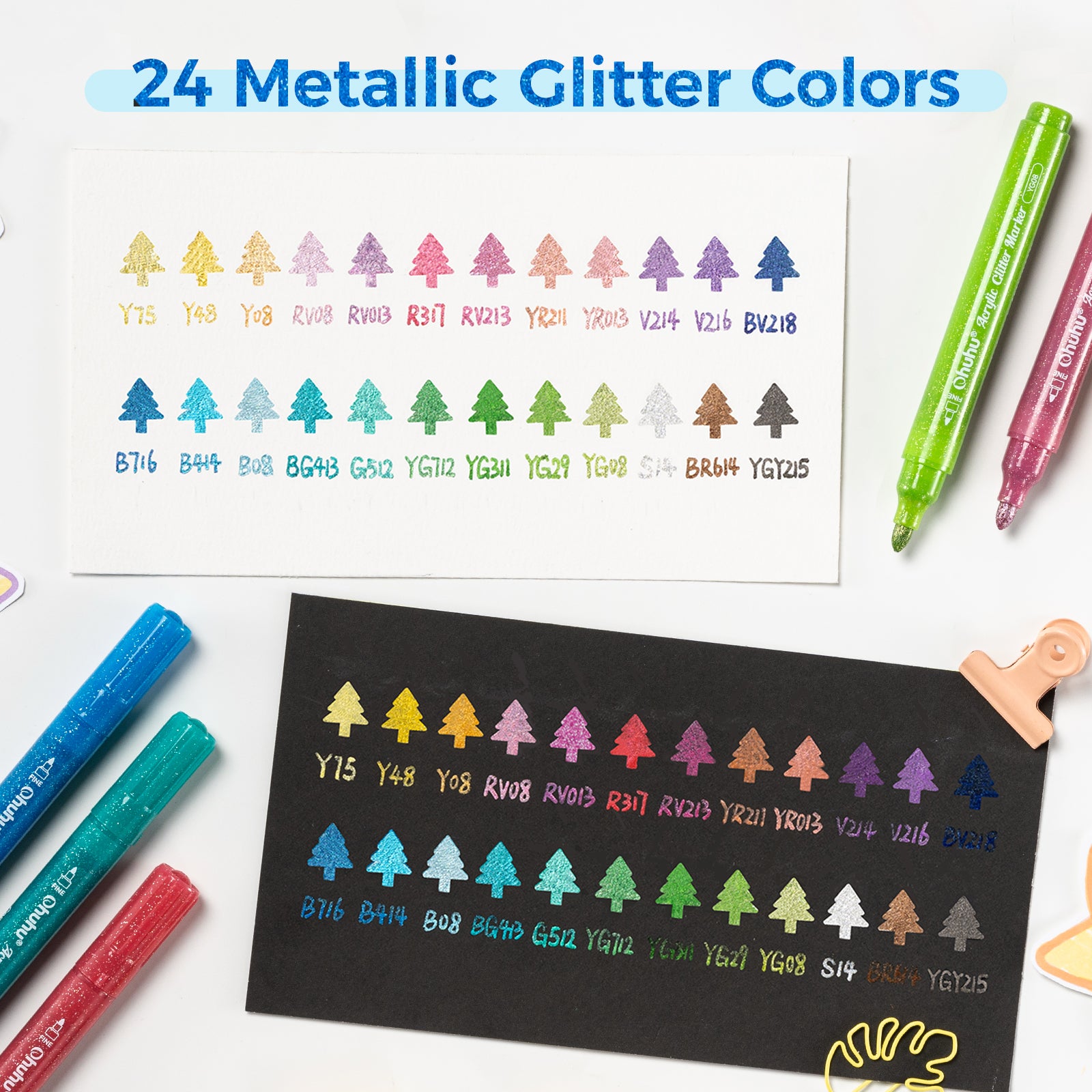 Ohuhu Acrylic Metallic Glitter Markers. 24 Colors - 0.7mm & 3mm Tip Paint Pens - Image 5