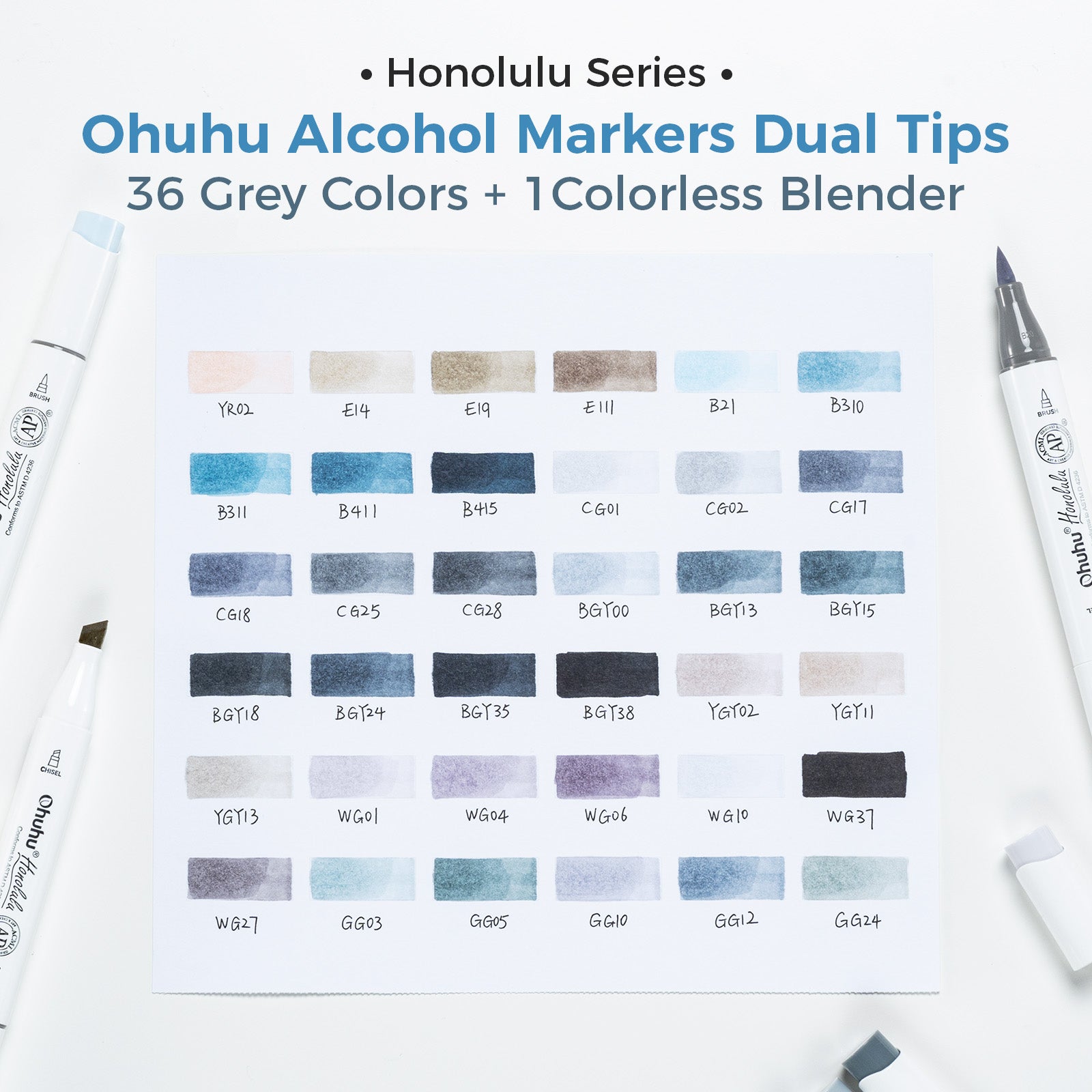Ohuhu Honolulu 36 Gray Tone Colors Dual Tips Alcohol Art Markers (New Color Codes) - Image 3