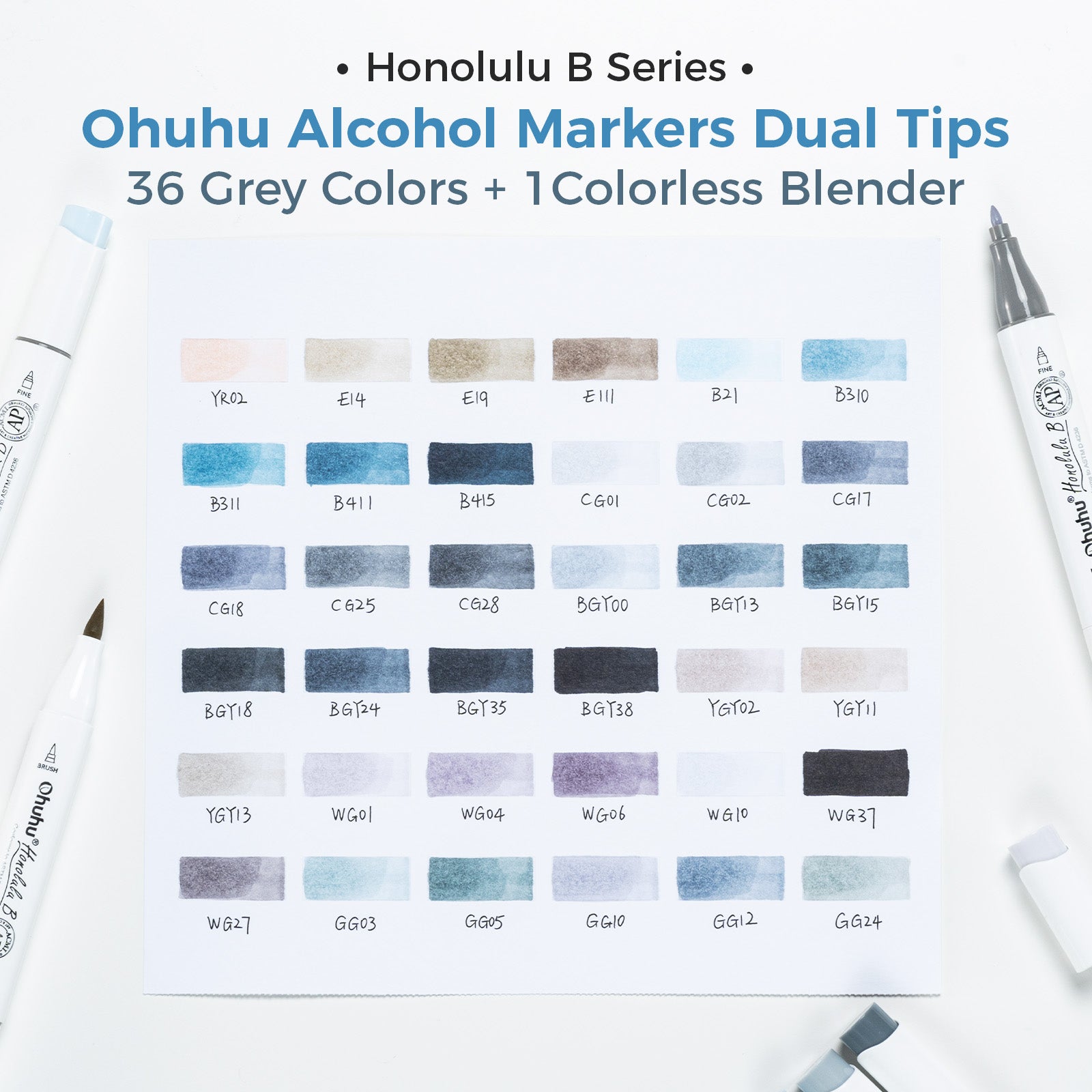 Ohuhu Honolulu 36 Gray Tone Colors Dual Tips Alcohol Art Markers (New Color Codes) - Image 8