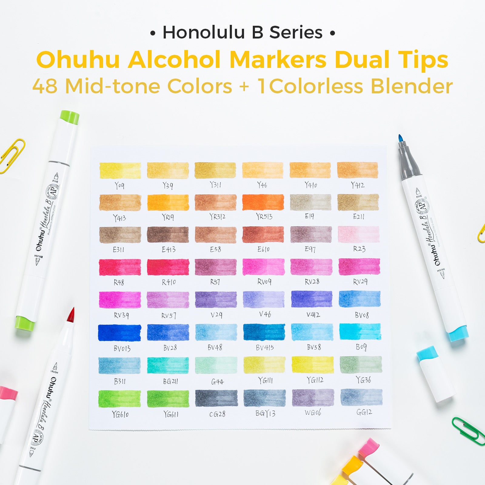 Ohuhu Honolulu 48 Mid-tone Colors Dual Tips Alcohol Art Markers (New Color Codes) - Image 8
