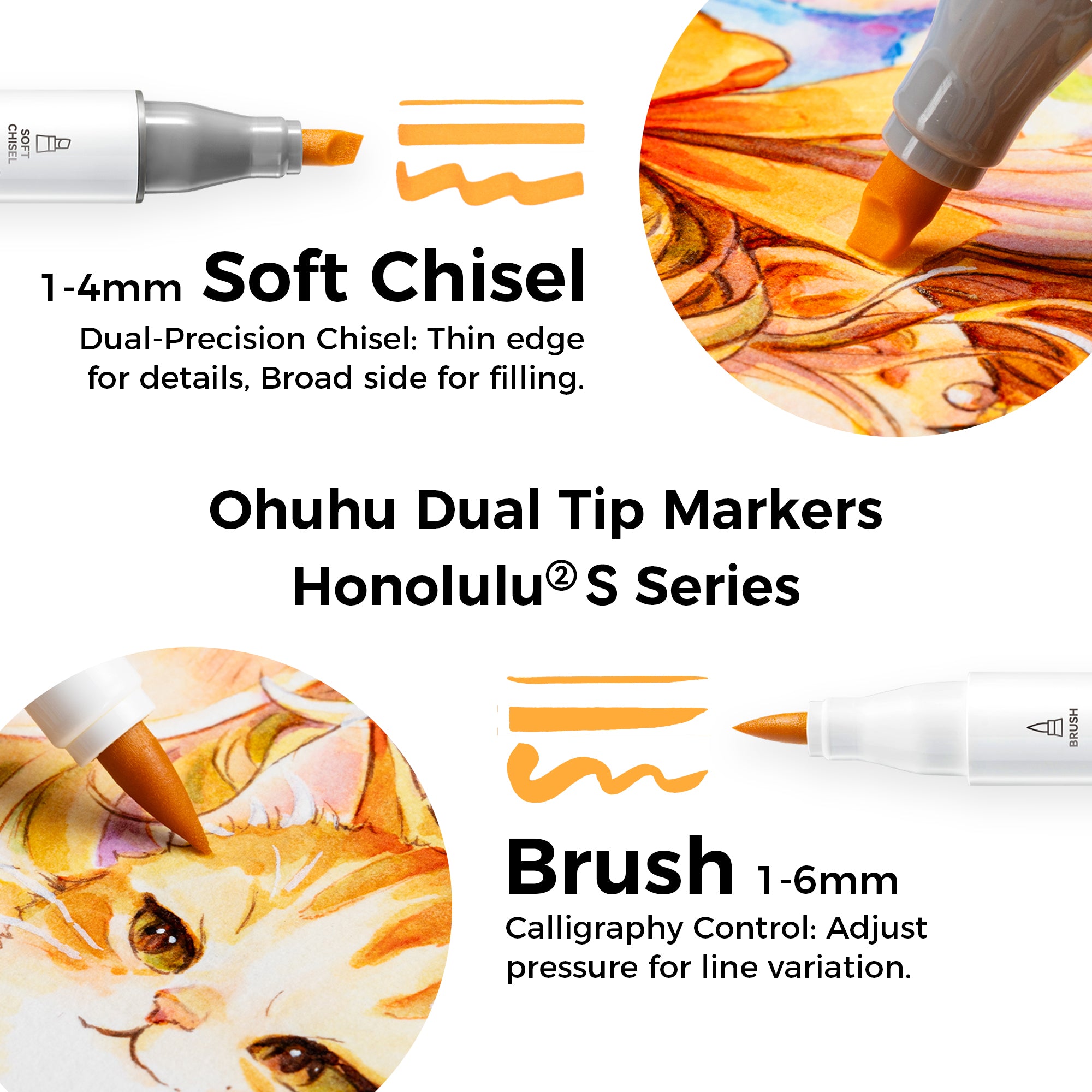 Ohuhu Honolulu² S 24 Basic Colors Dual Soft Tips Alcohol Art Markers. Brush & Soft Chisel - Image 3