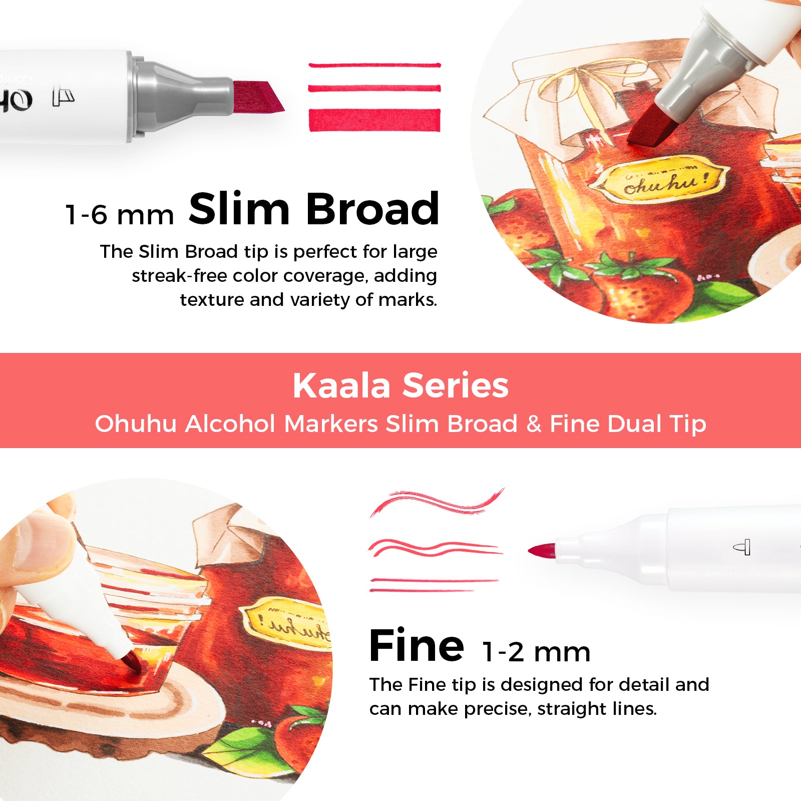 Ohuhu Kaala Slim Broad and Fine Dual Tips Alcohol Art Markers - 24 Basic Colors - Image 13