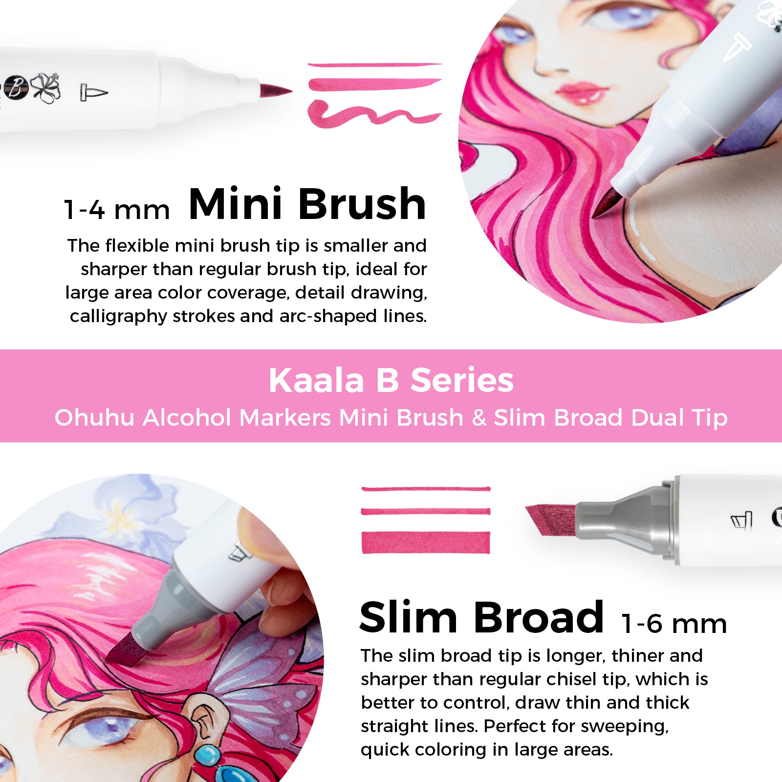 Ohuhu Kaala B Dual Tips Alcohol Art Markers. Slim Broad & Mini Brush - Image 4