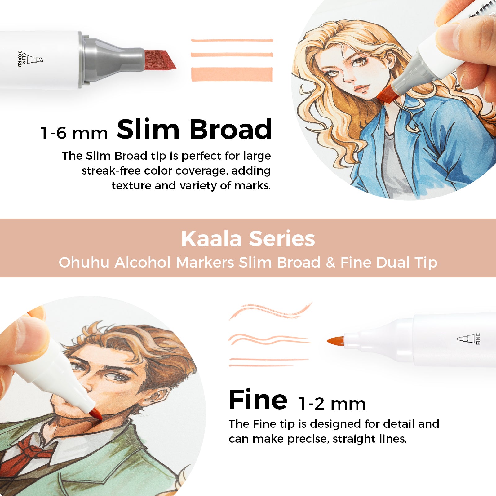 Ohuhu Kaala Slim Broad and Fine Dual Tips Alcohol Art Markers-24 Color Skin Tone - Image 21