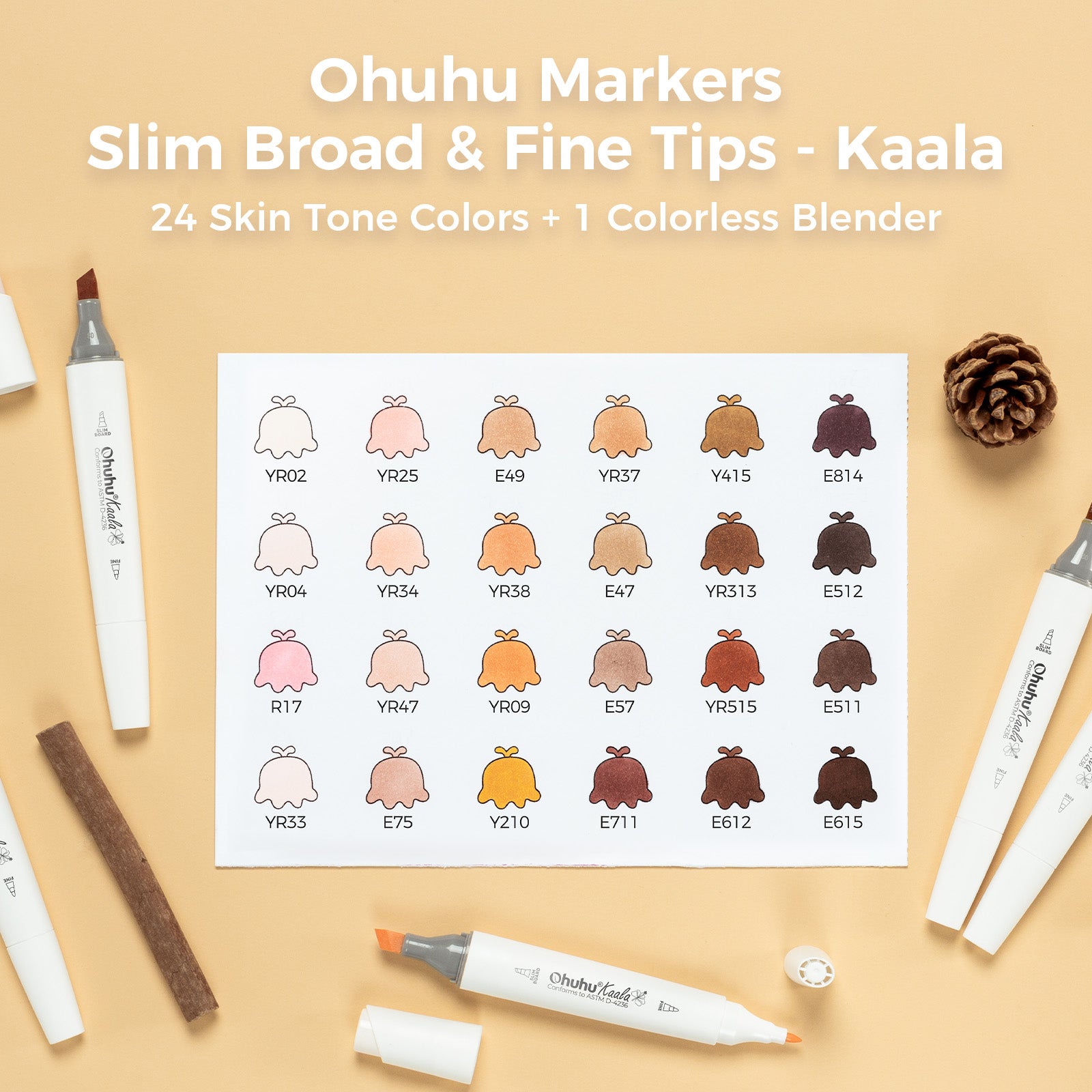 Ohuhu Kaala Slim Broad and Fine Dual Tips Alcohol Art Markers-24 Color Skin Tone - Image 24