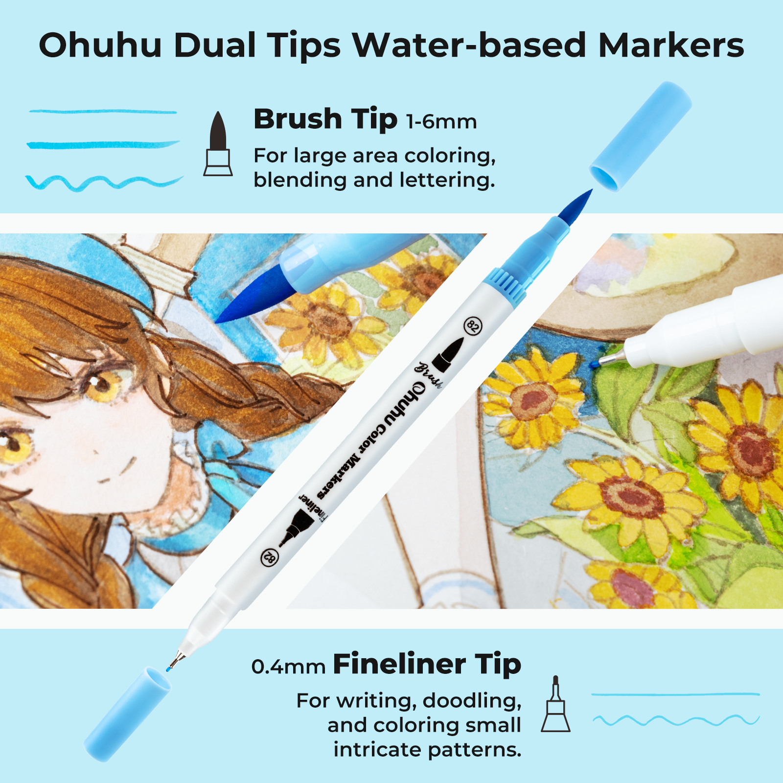 Ohuhu Maui 36 Colors Dual Tips Water Based Art Markers. Brush & Fineliner - Image 7