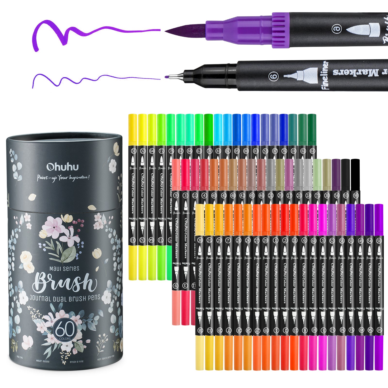 Ohuhu Maui 60 Colors Dual Tips Water Based Art Markers. Brush & Fineliner - Image 4