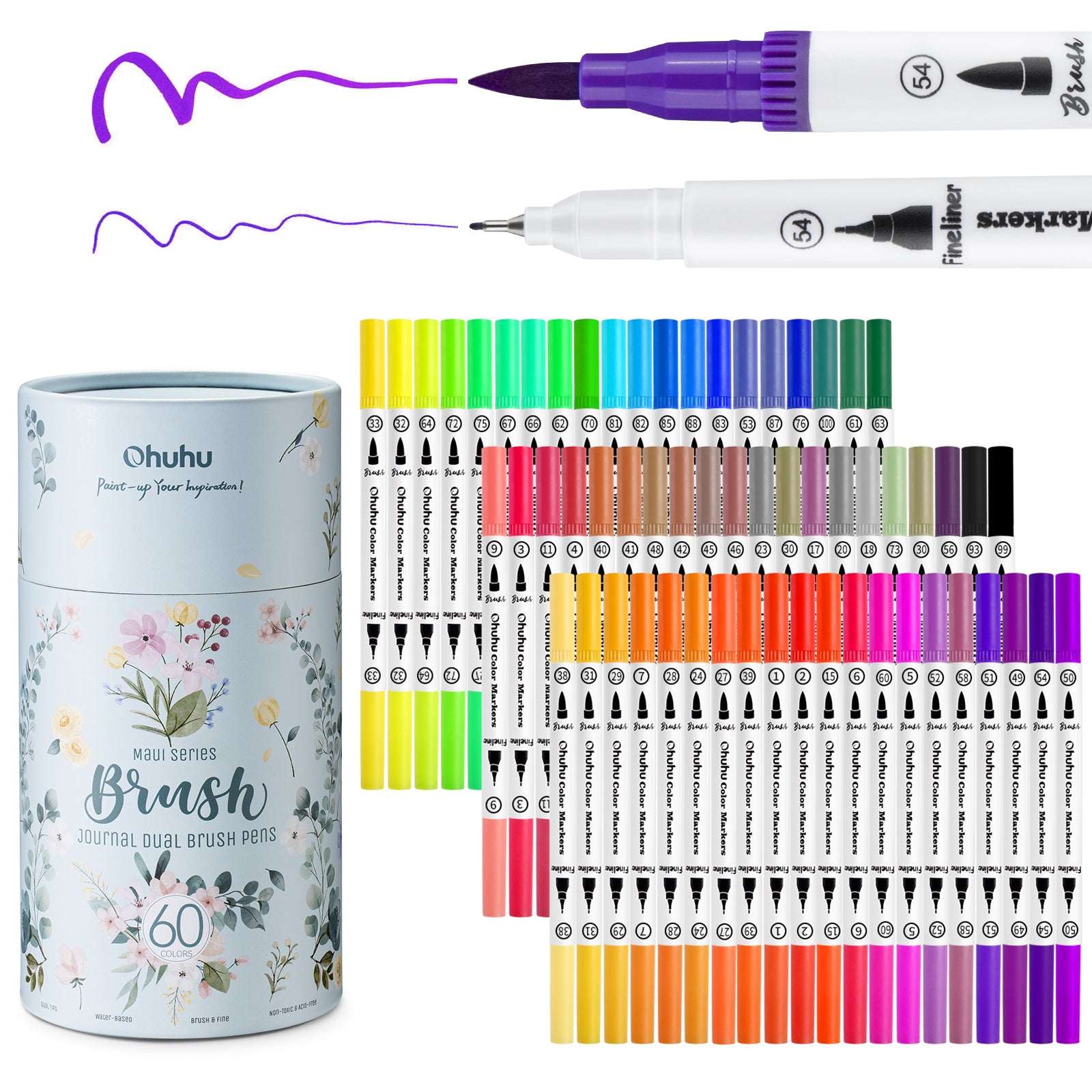 Ohuhu Maui 60 Colors Dual Tips Water Based Art Markers. Brush & Fineliner (US Exclusive) - Image 2
