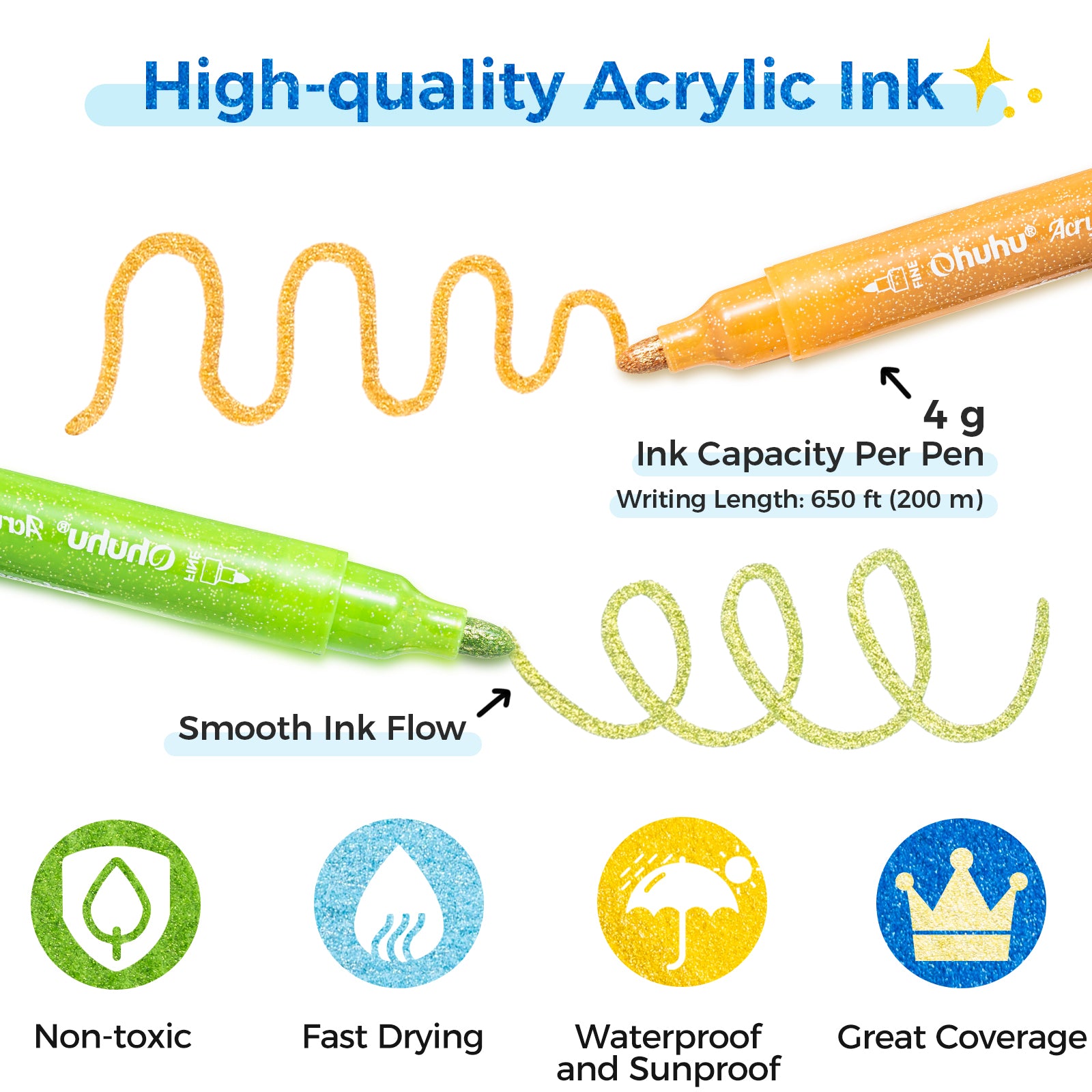 Ohuhu Acrylic Metallic Glitter Markers. 24 Colors - 0.7mm & 3mm Tip Paint Pens - Image 6