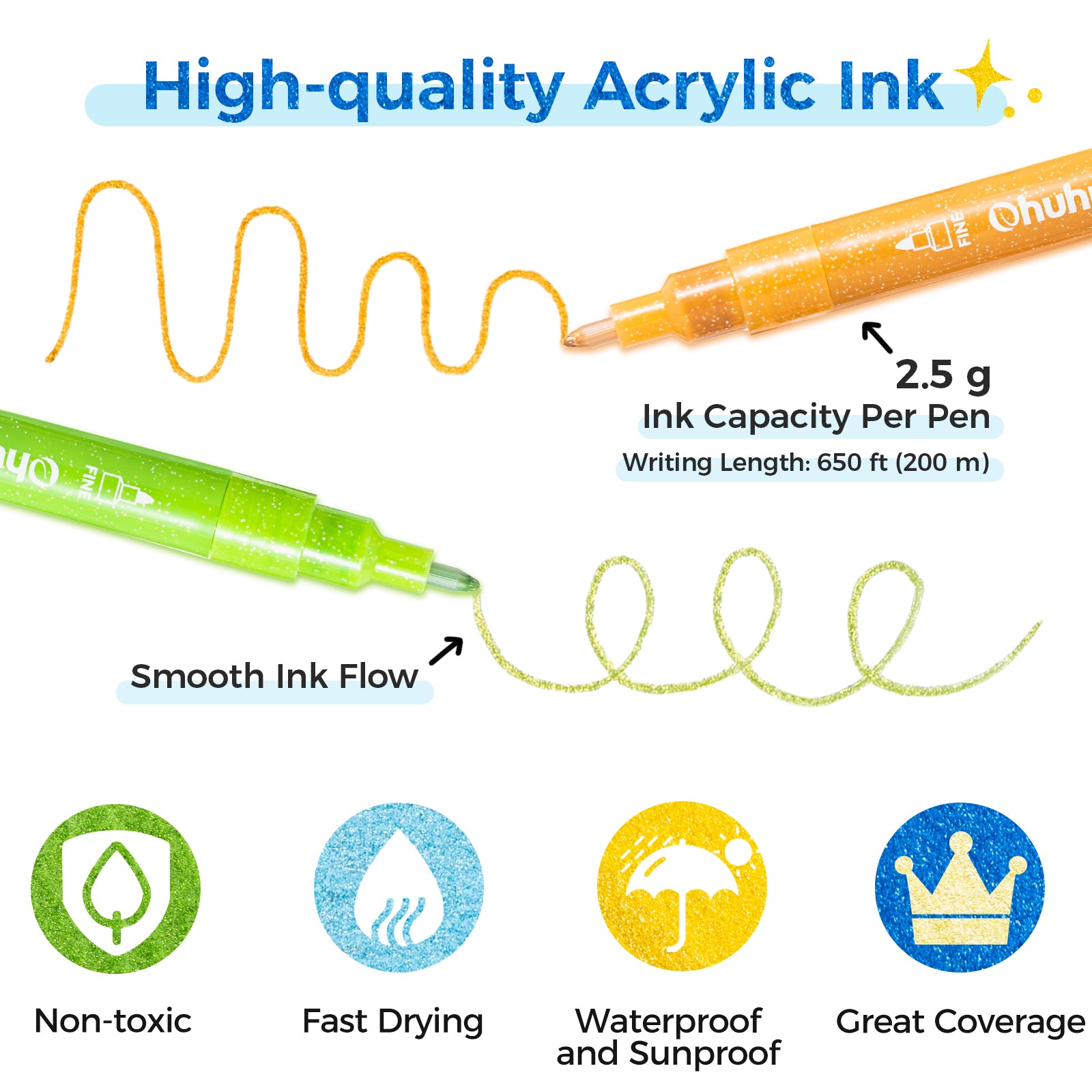 Ohuhu Acrylic Metallic Glitter Markers. 24 Colors - 0.7mm & 3mm Tip Paint Pens - Image 12