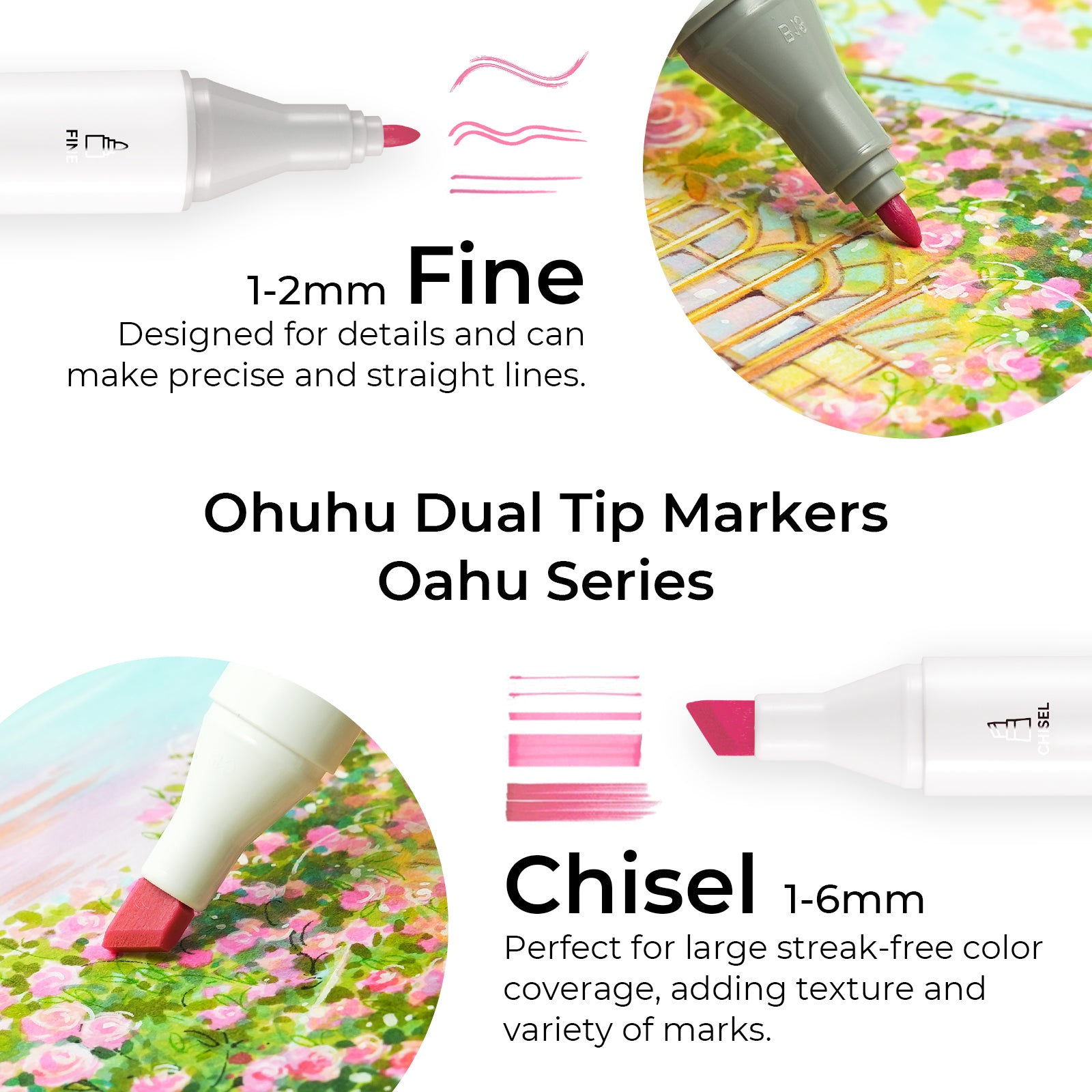 Ohuhu Oahu 48 Pastel Colors Dual Tips Alcohol Art Markers. Fine & Chisel (US Exclusive) - Image 2