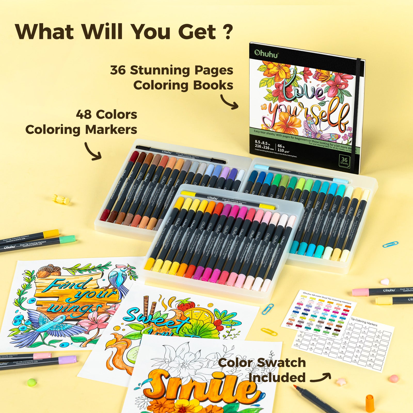 Ohuhu Water Based Brush & Fine Tips Art Markers with Bleed-Proof Coloring Book - Image 6