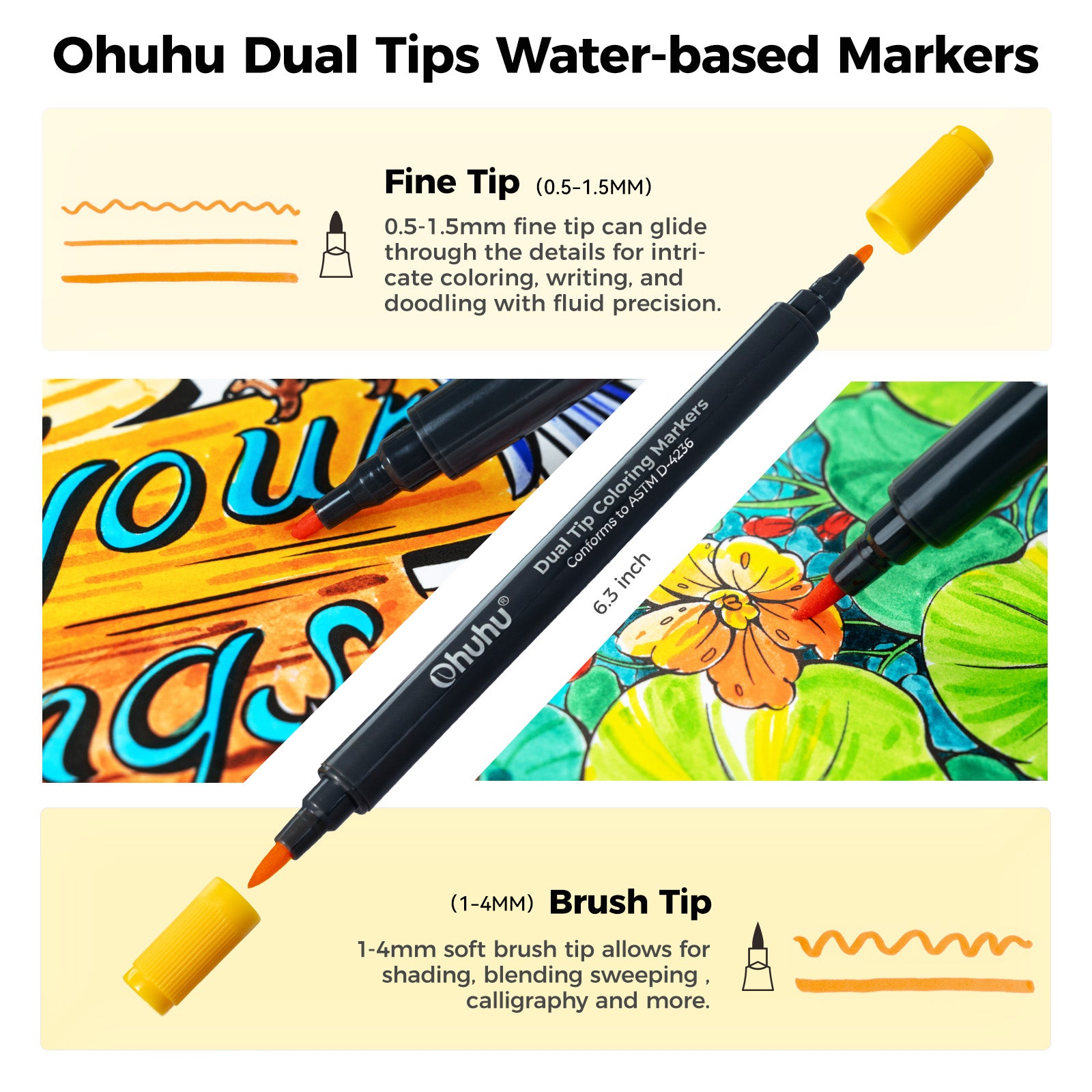 Ohuhu Water Based Brush & Fine Tips Art Markers with Bleed-Proof Coloring Book - Image 10