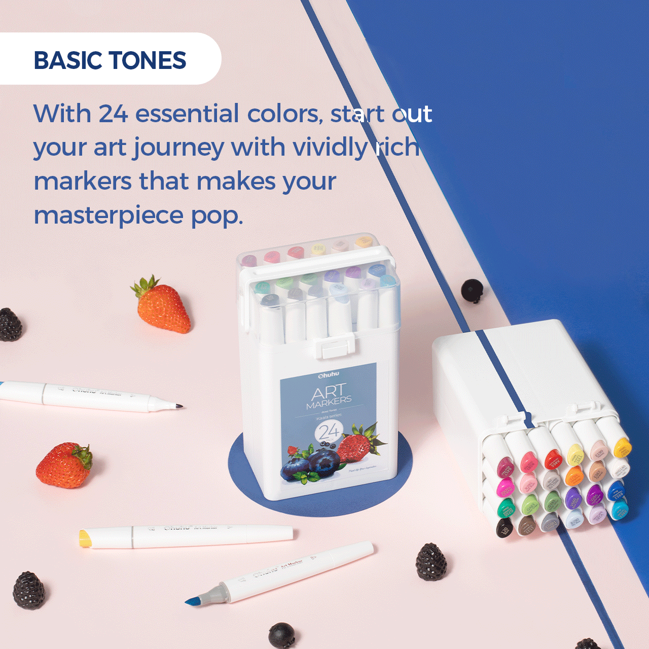 Ohuhu Kaala Slim Broad and Fine Dual Tips Alcohol Art Markers - 24 Basic Colors - Image 10