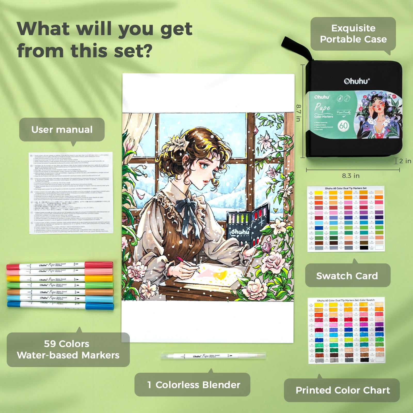 Ohuhu Pupe Paper-friendly (No Peeling) Brush and Fineliner Dual Tips 60 Colors Water-based Coloring Markers - Image 4
