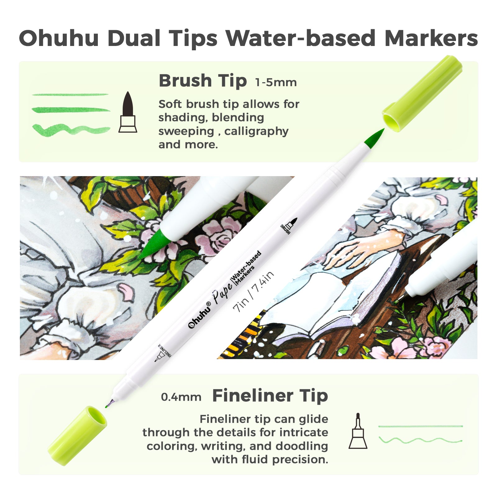 Ohuhu Pupe Paper-friendly (No Peeling) Brush and Fineliner Dual Tips 60 Colors Water-based Coloring Markers - Image 3