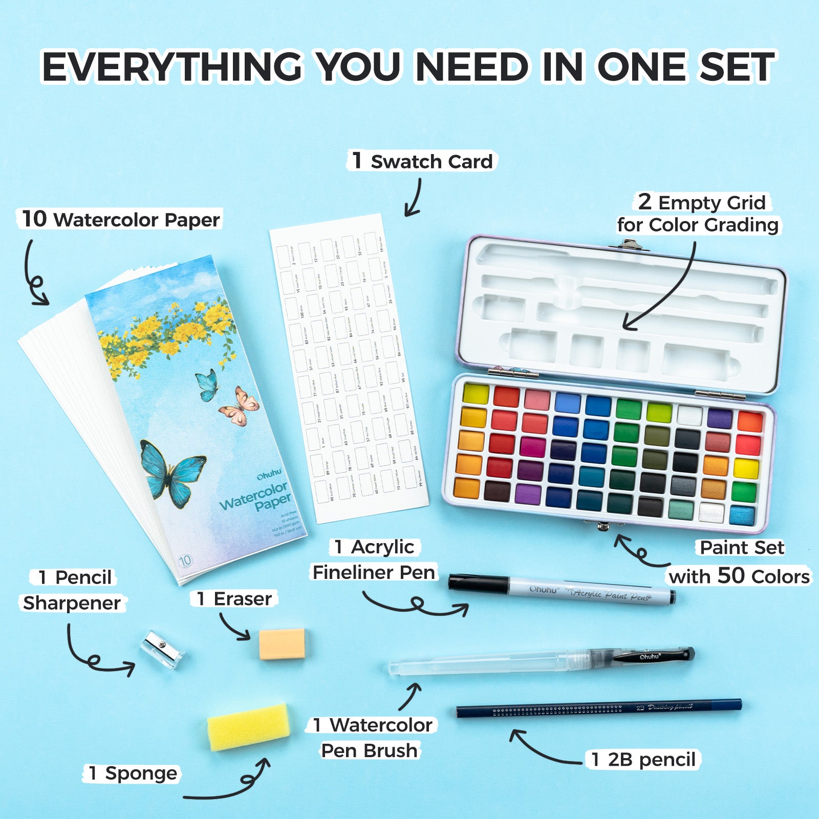 Ohuhu 50 Colors Portable Watercolor Paint Set - Image 6