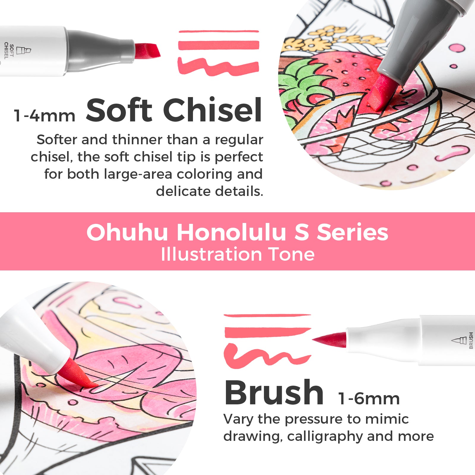 Ohuhu Honolulu S 60 Illustration Tone Colors Dual Soft Tips Alcohol Art Markers. Brush & Soft Chisel - Image 4