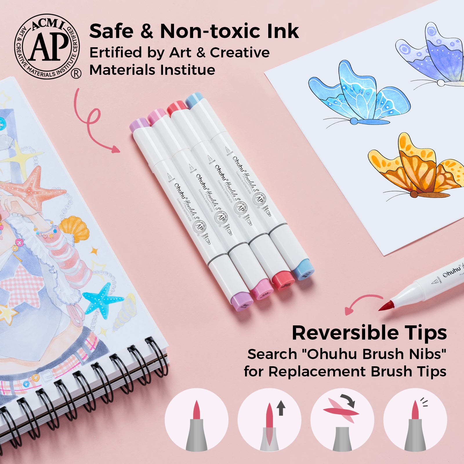 Ohuhu Honolulu S 60 Illustration Tone Colors Dual Soft Tips Alcohol Art Markers. Brush & Soft Chisel - Image 3