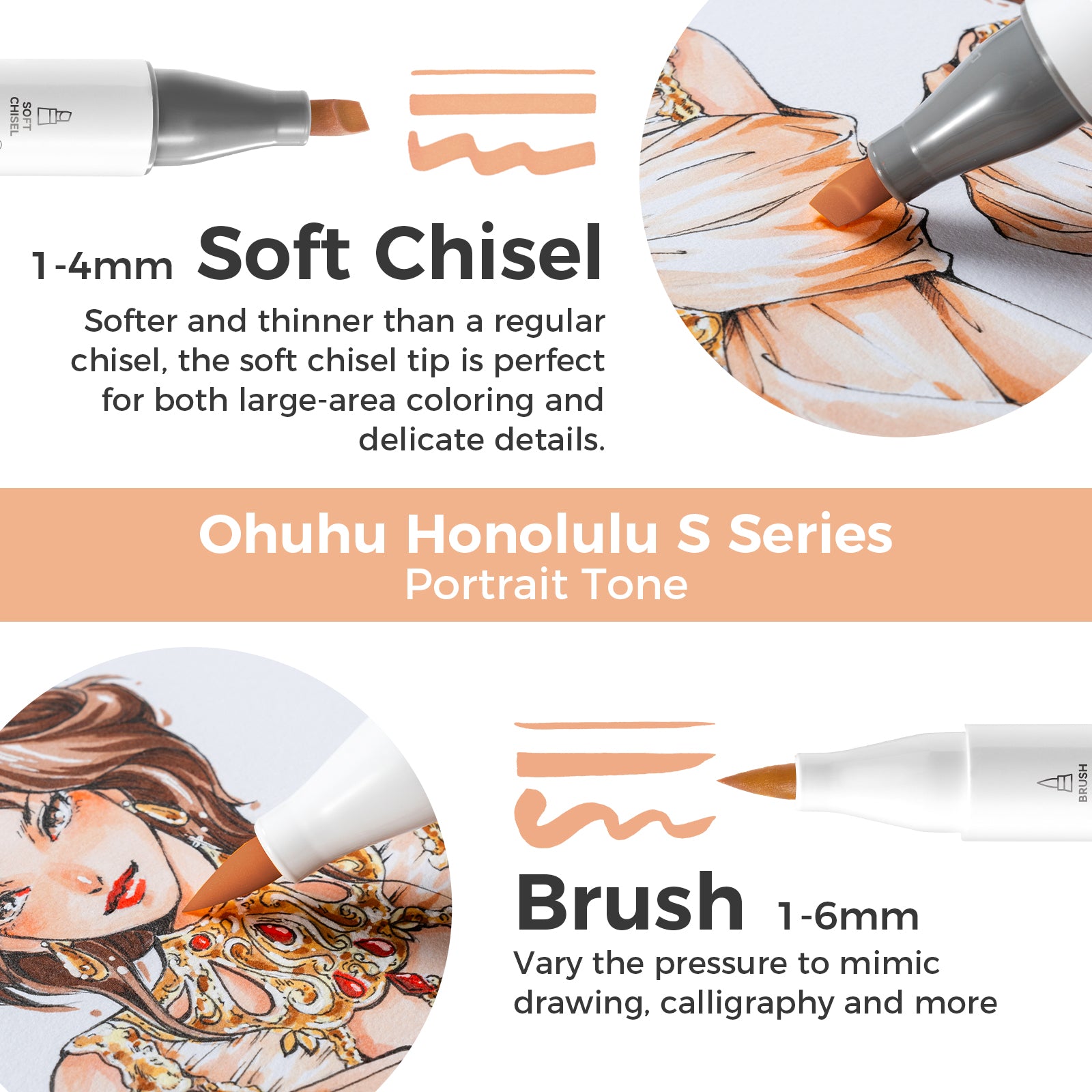 Ohuhu Honolulu S 24 Skin Tone Colors Dual Soft Tips Alcohol Art Markers. Brush & Soft Chisel - Image 4