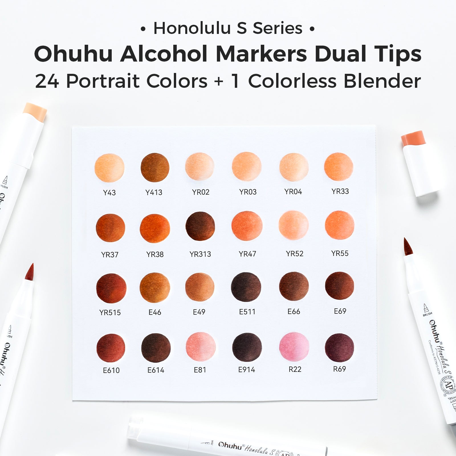 Ohuhu Honolulu S 24 Skin Tone Colors Dual Soft Tips Alcohol Art Markers. Brush & Soft Chisel - Image 6