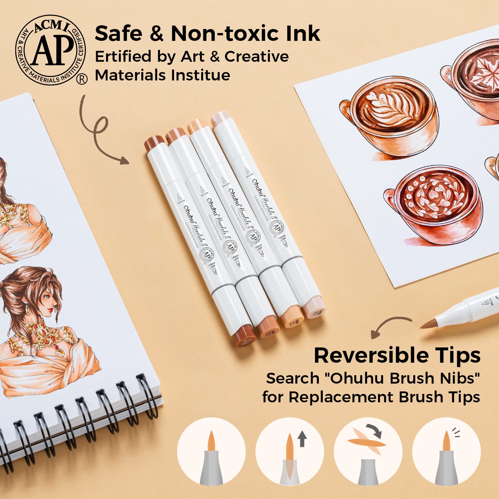 Ohuhu Honolulu S 24 Skin Tone Colors Dual Soft Tips Alcohol Art Markers. Brush & Soft Chisel - Image 3