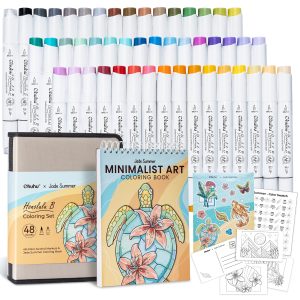Ohuhu x Jade Summer Alcohol Markers & Coloring Book Set. 47 Colors + 1 Colorless Blender. Honolulu B. Brush & Fine Dual Tips