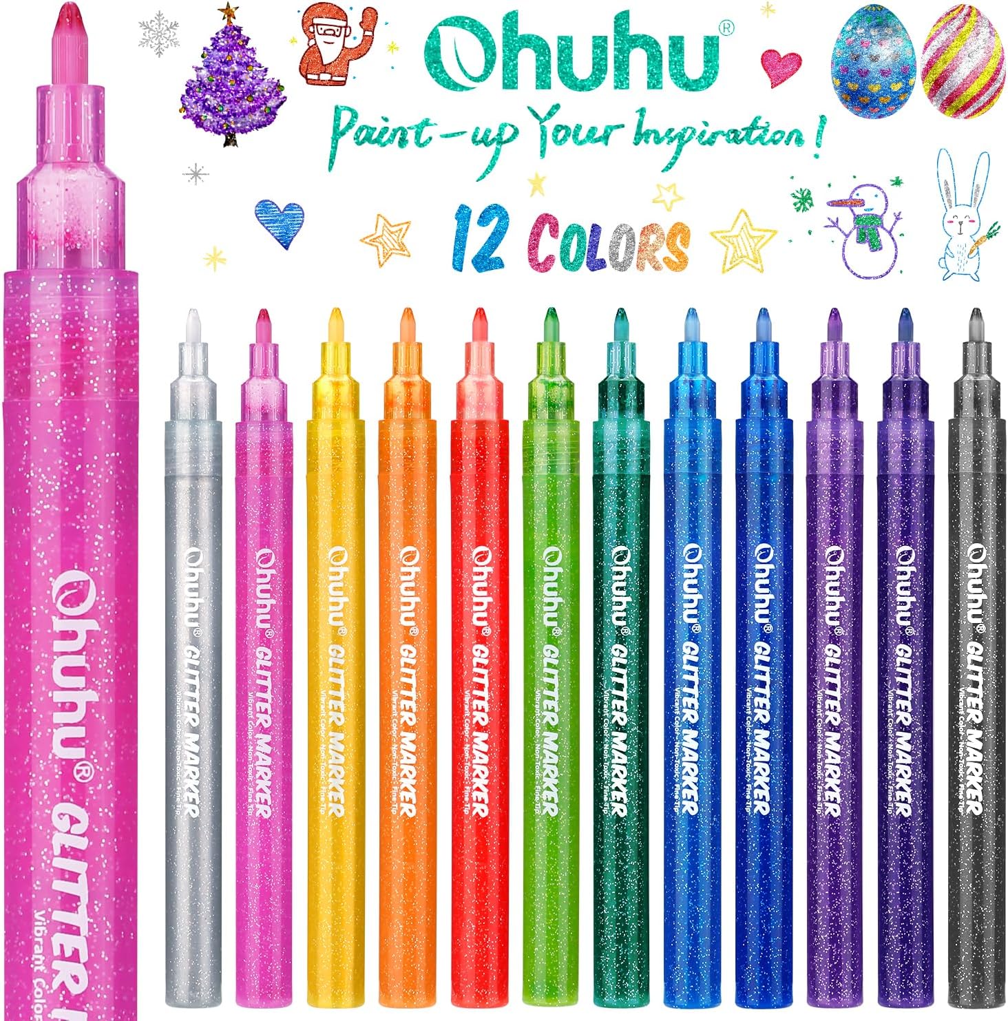 Ohuhu Water-Based Glitter Metallic Marker Pens. 12 Shimmer Colors - Image 14