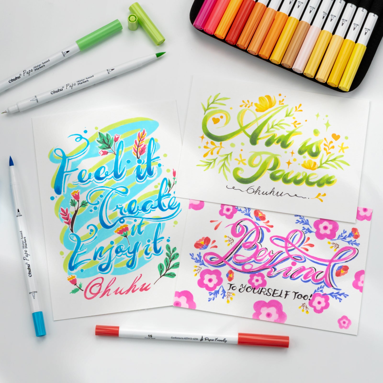 Ohuhu Pupe Paper-friendly (No Peeling) Brush and Fineliner Dual Tips 60 Colors Water-based Coloring Markers - Image 7