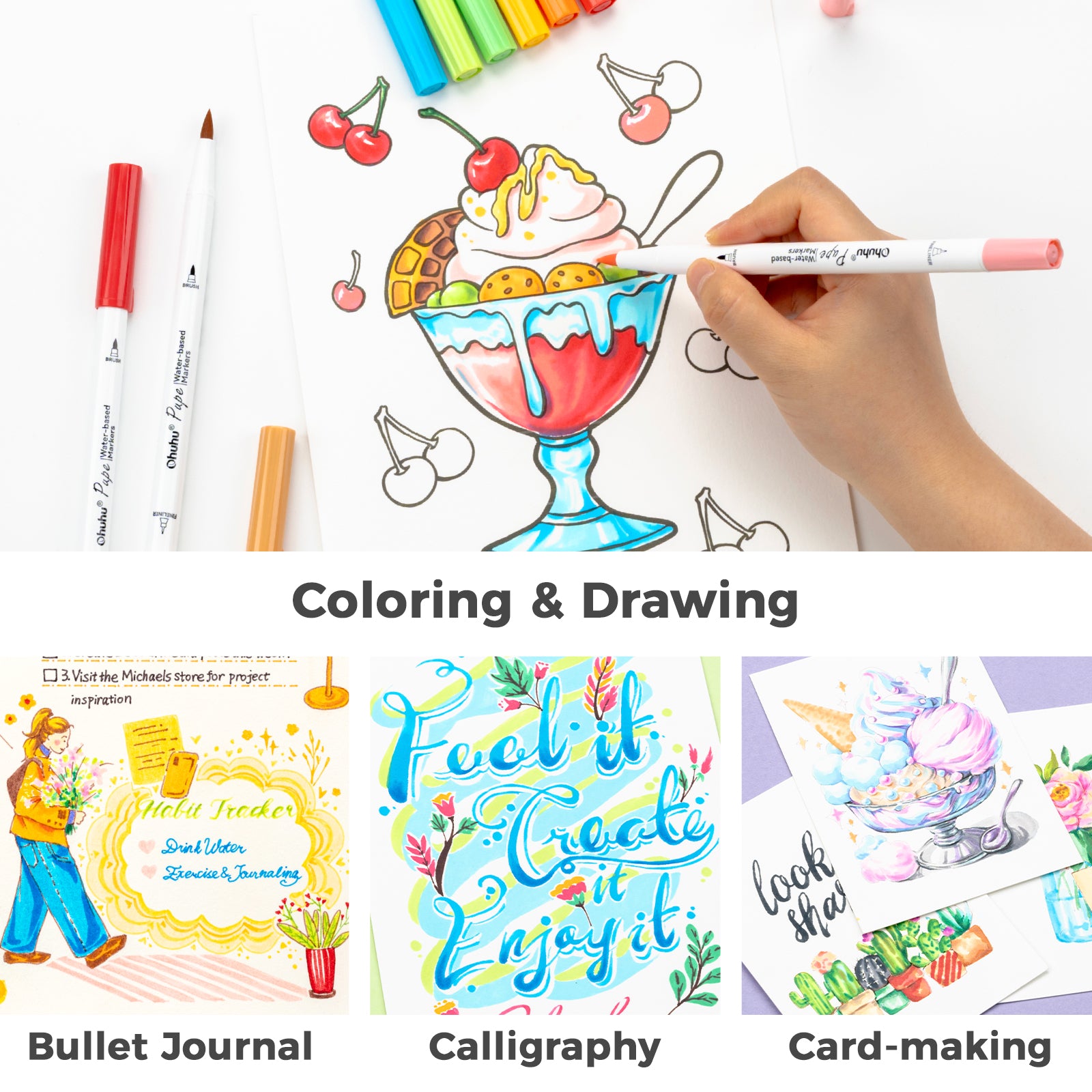 Ohuhu Pupe Paper-friendly (No Peeling) Brush and Fineliner Dual Tips 60 Colors Water-based Coloring Markers - Image 8