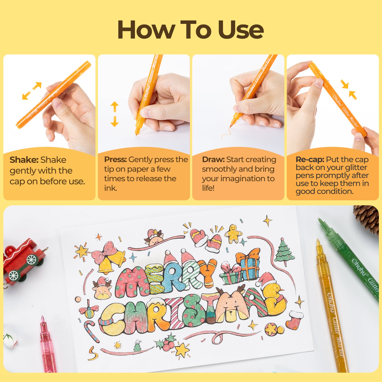 Ohuhu Water-Based Glitter Metallic Marker Pens. 12 Shimmer Colors - Image 11