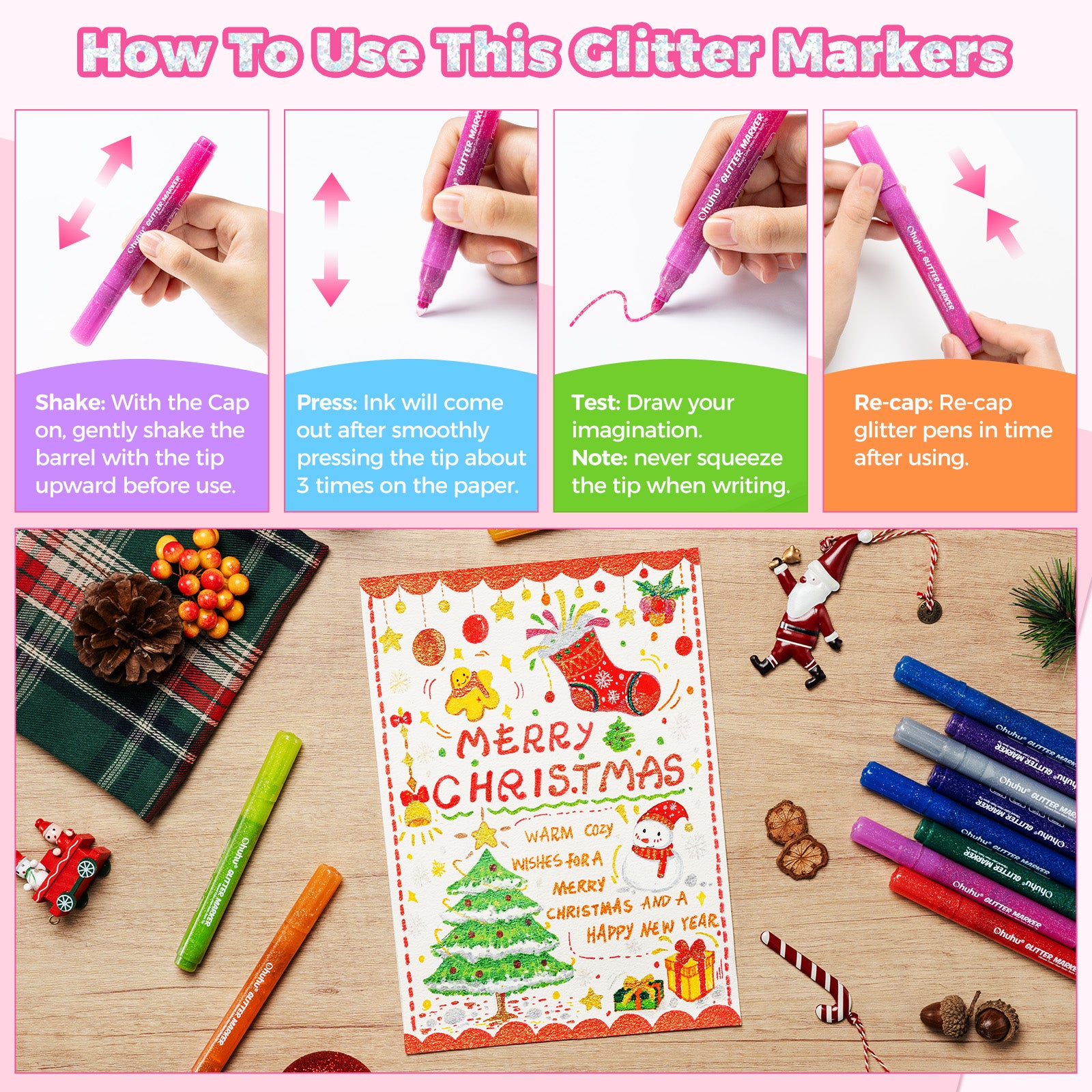 Ohuhu Water-Based Glitter Metallic Marker Pens. 12 Shimmer Colors - Image 17