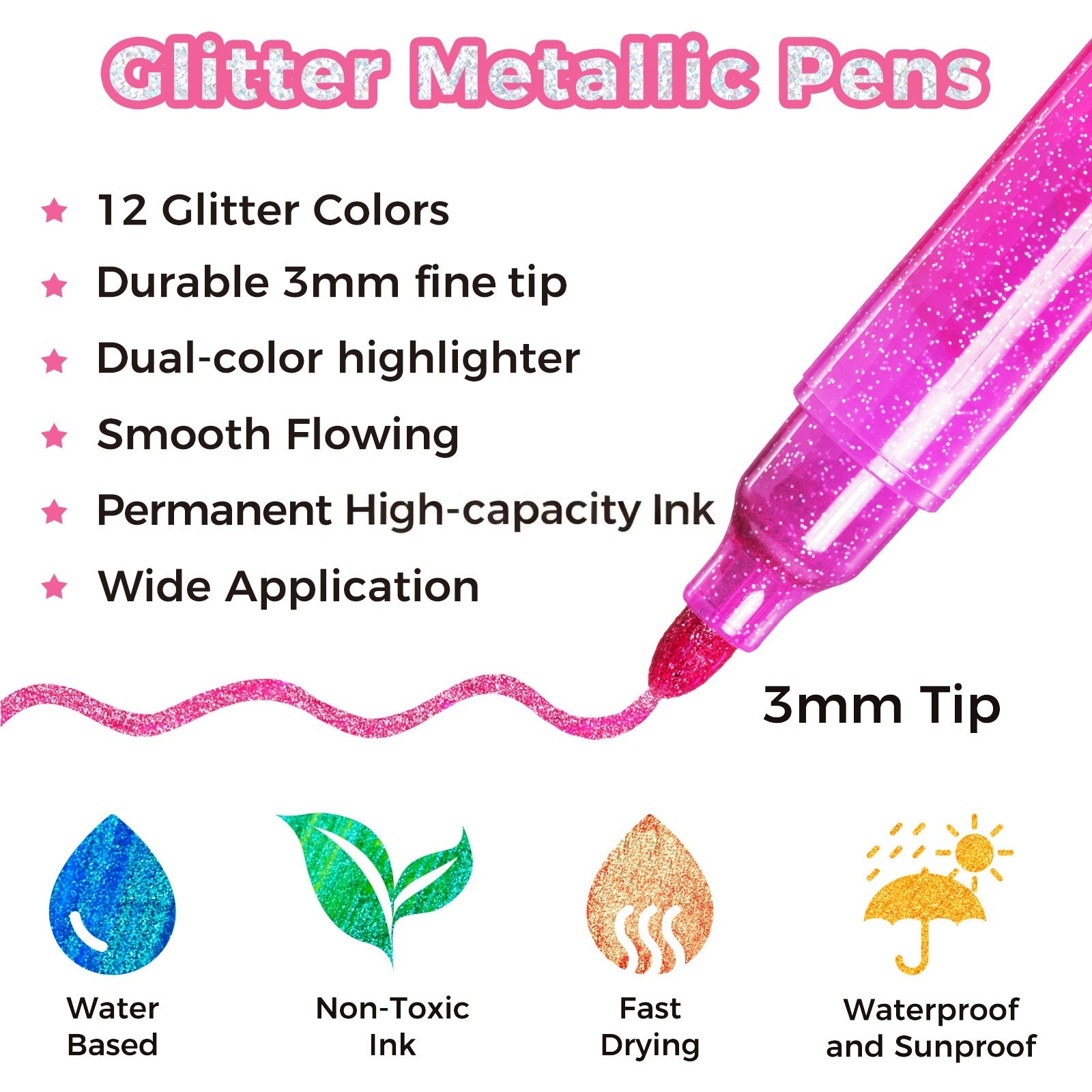 Ohuhu Water-Based Glitter Metallic Marker Pens. 12 Shimmer Colors - Image 20