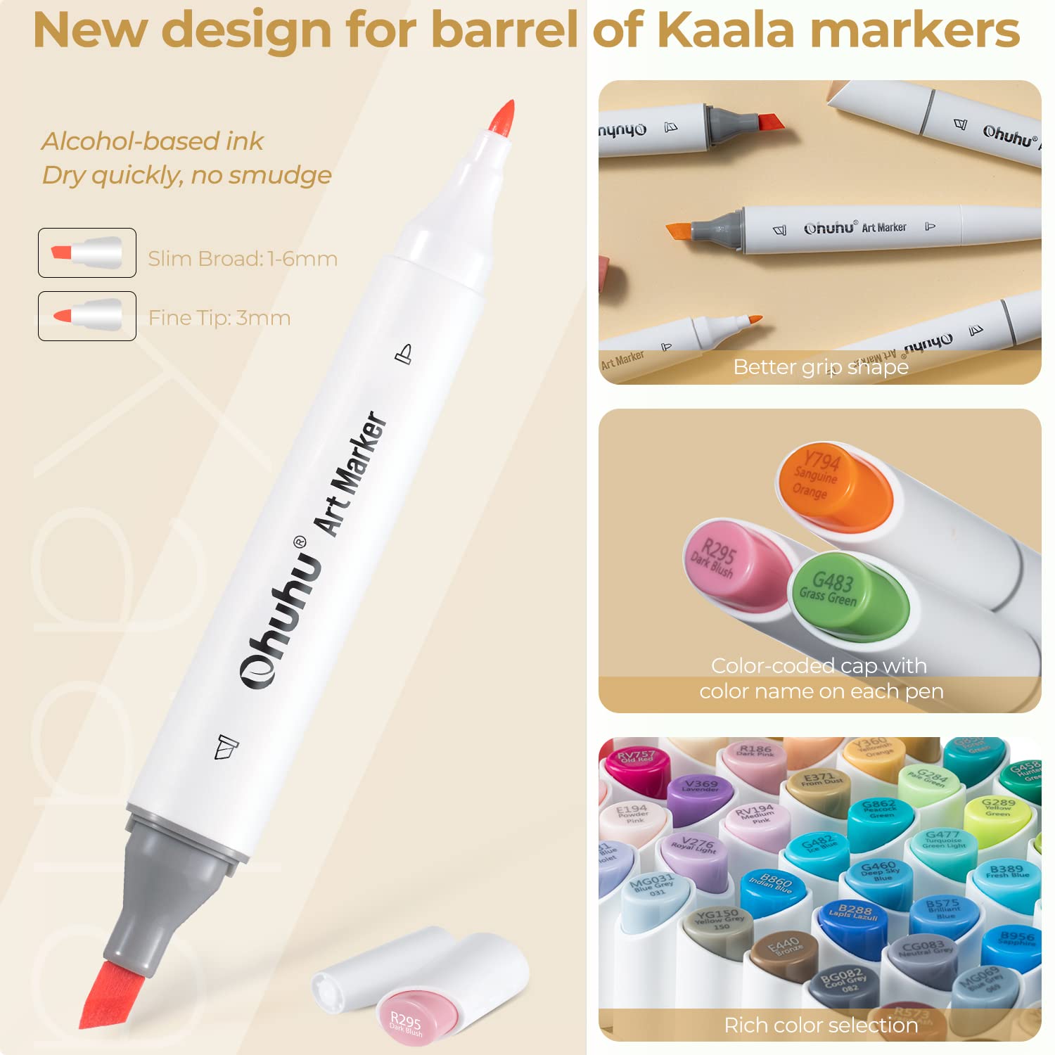 Ohuhu Kaala Slim Broad and Fine Dual Tips Alcohol Art Markers-24 Color Skin Tone - Image 6